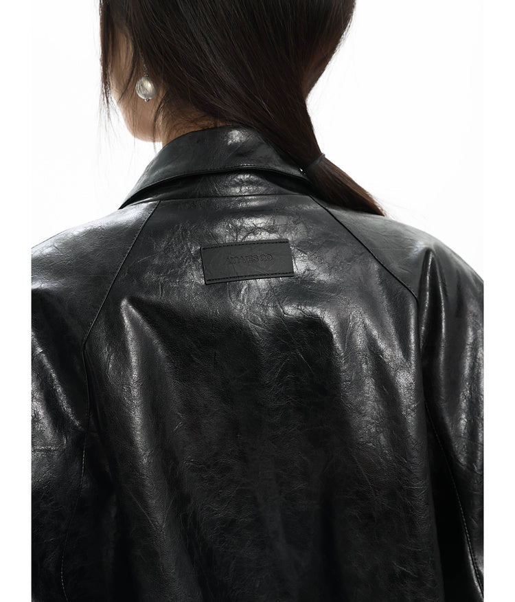 Short Wide Lapel Oil Wax Leather Jacket