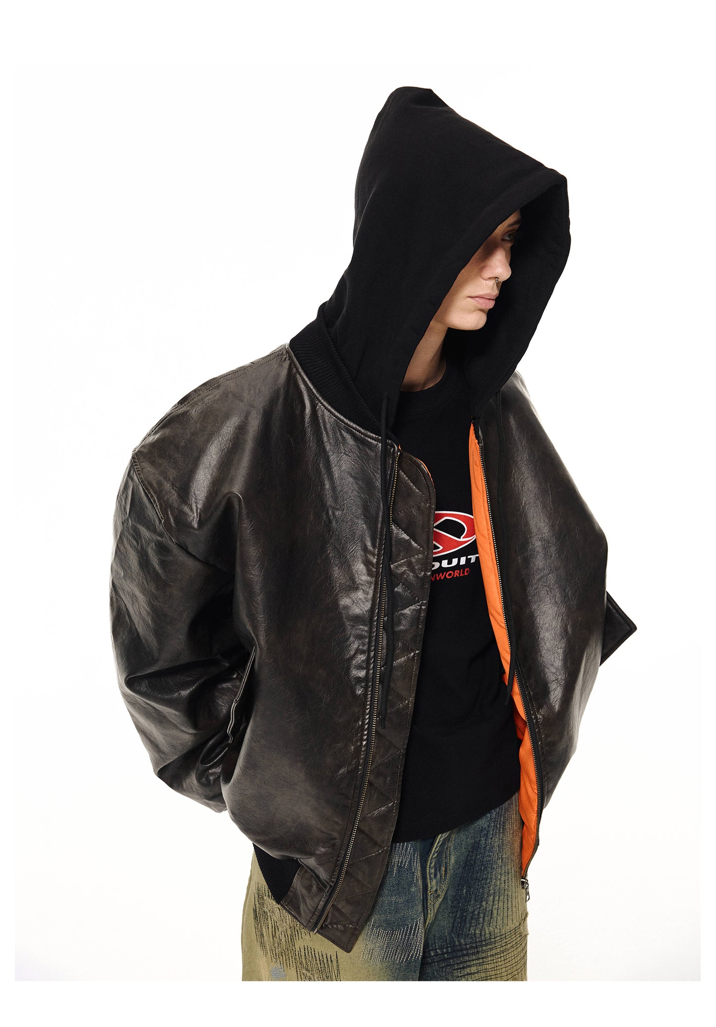 Heavyweight removable hooded bomber leather jacket 