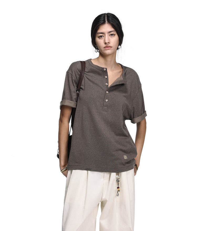 Letter-Embroidered Henley Collar T-Shirt