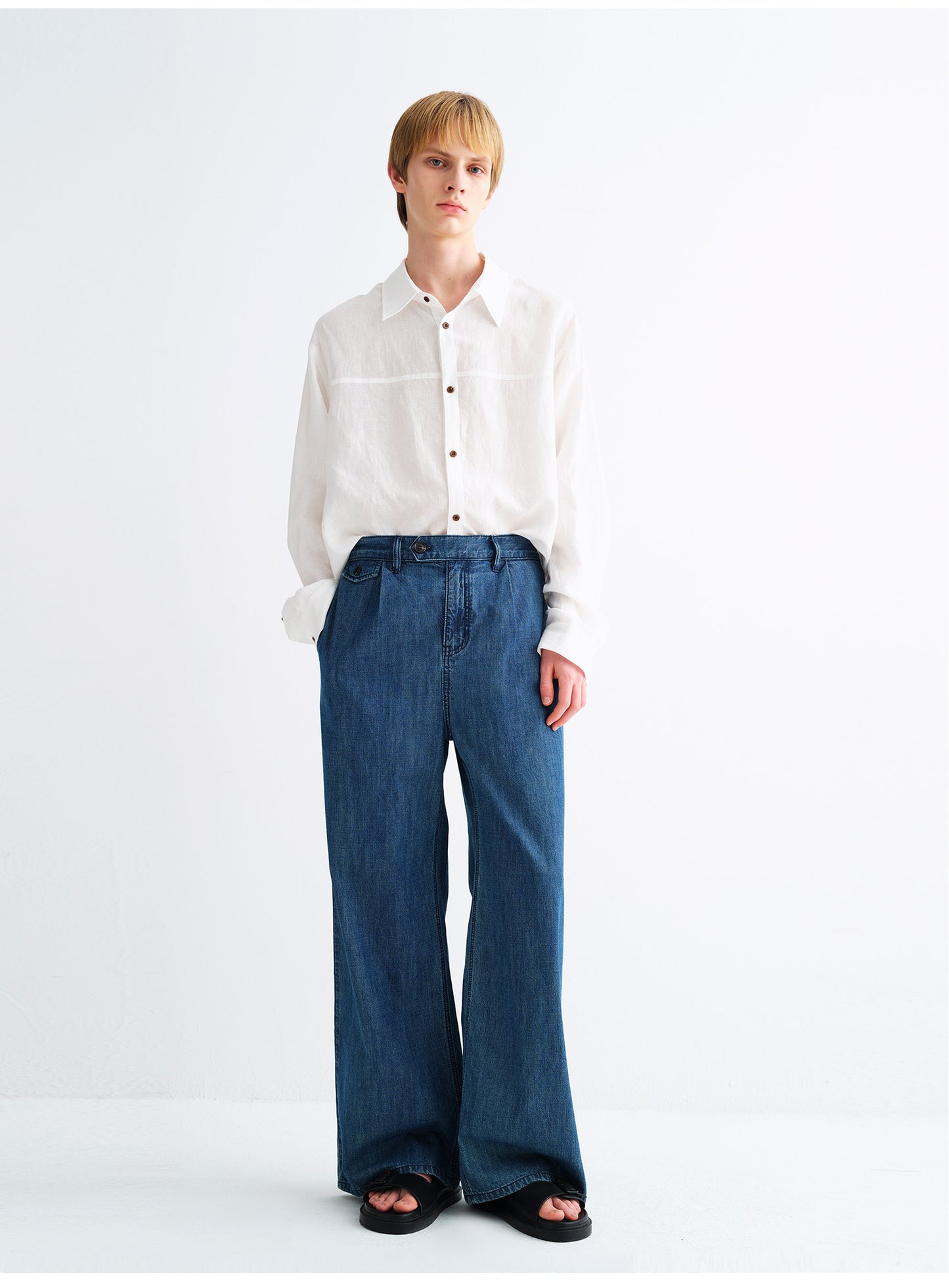 Wash-Finish Wide-Leg Denim Pants