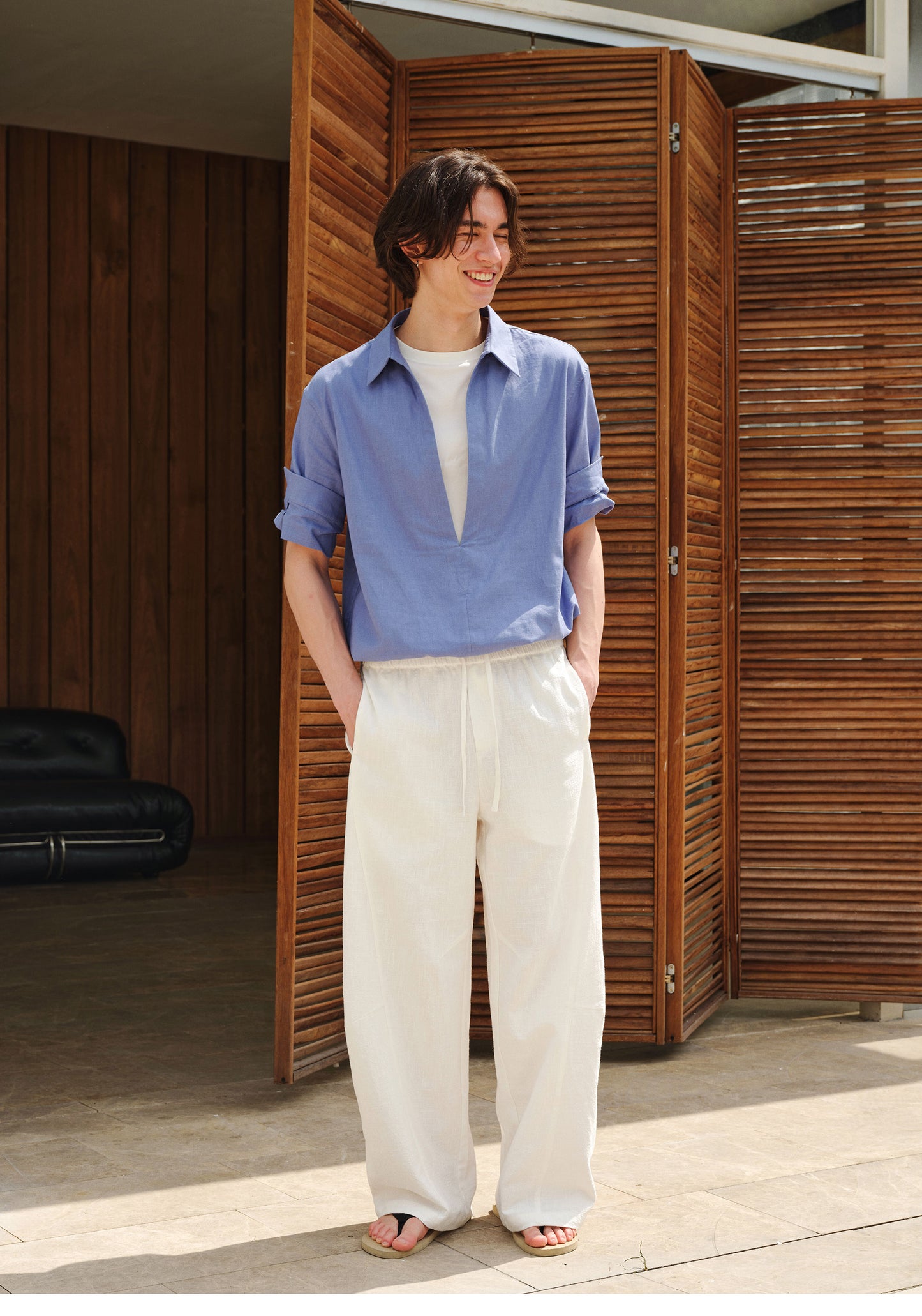 Deep V-Neck Faux Two-Piece Roll-Sleeve Shirt