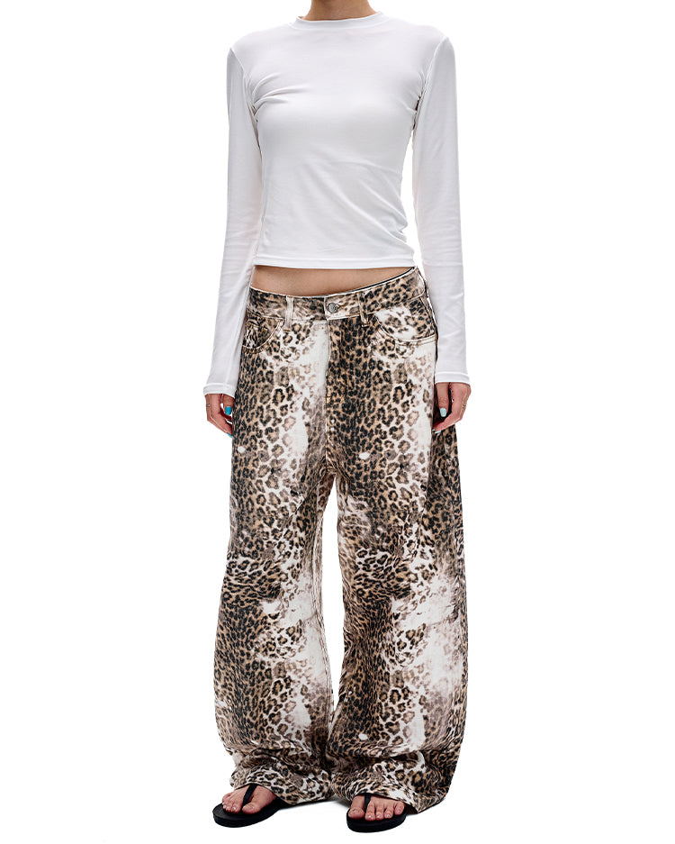 Heavy-Wash Leopard Print Casual Pants