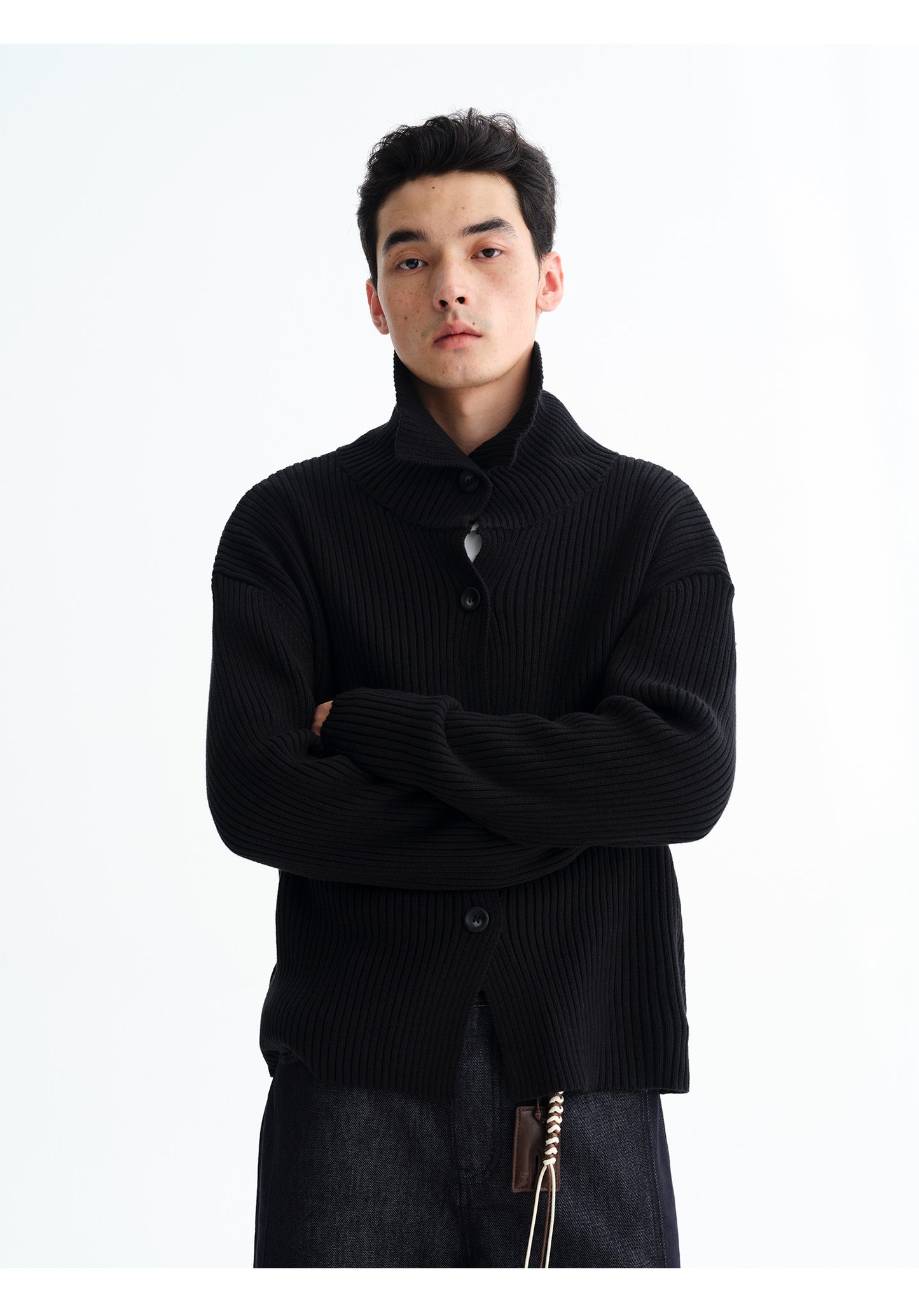 High-Neck Rib-Knit Cardigan