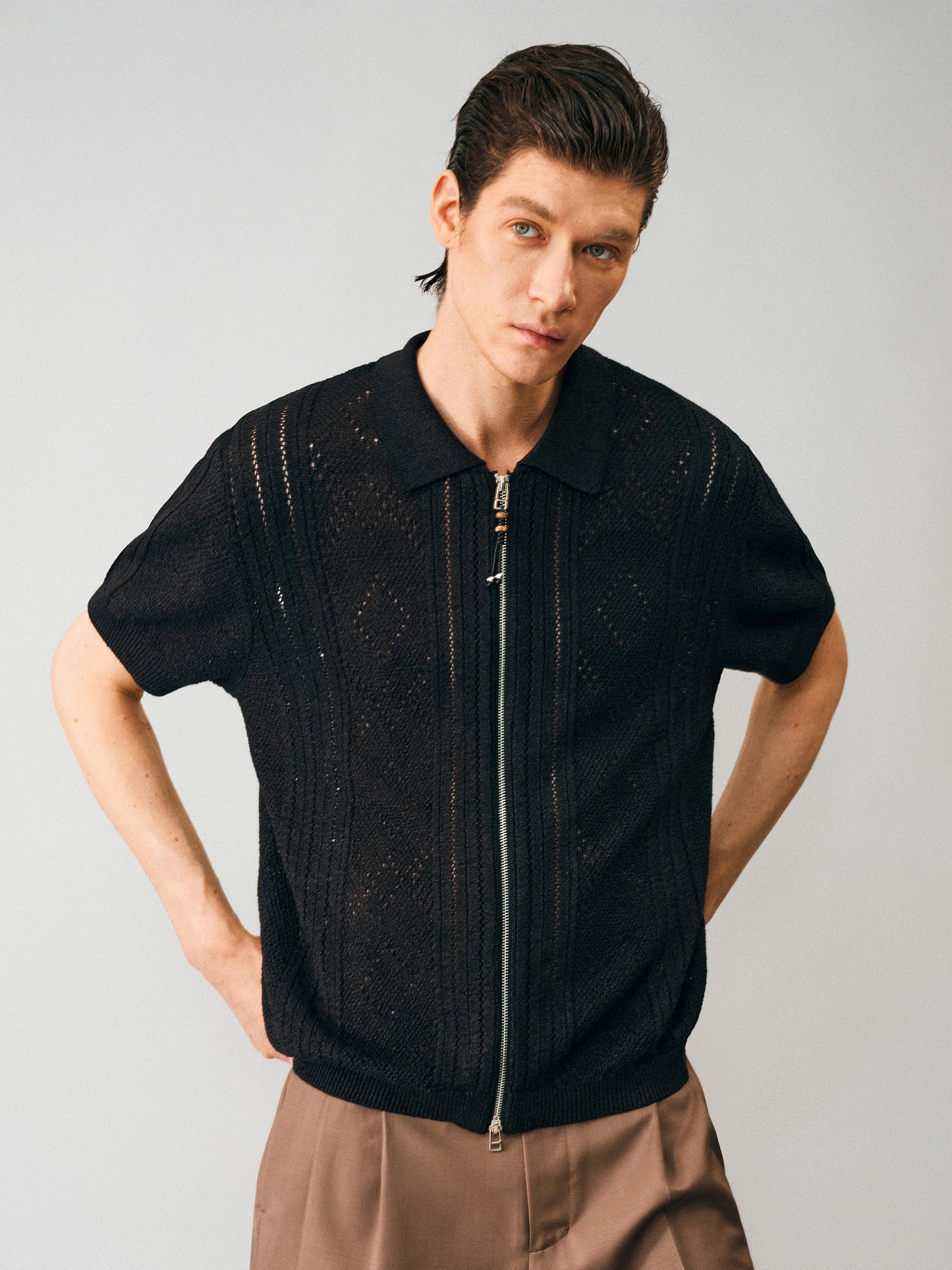 Openwork Knit Zipper Cardigan