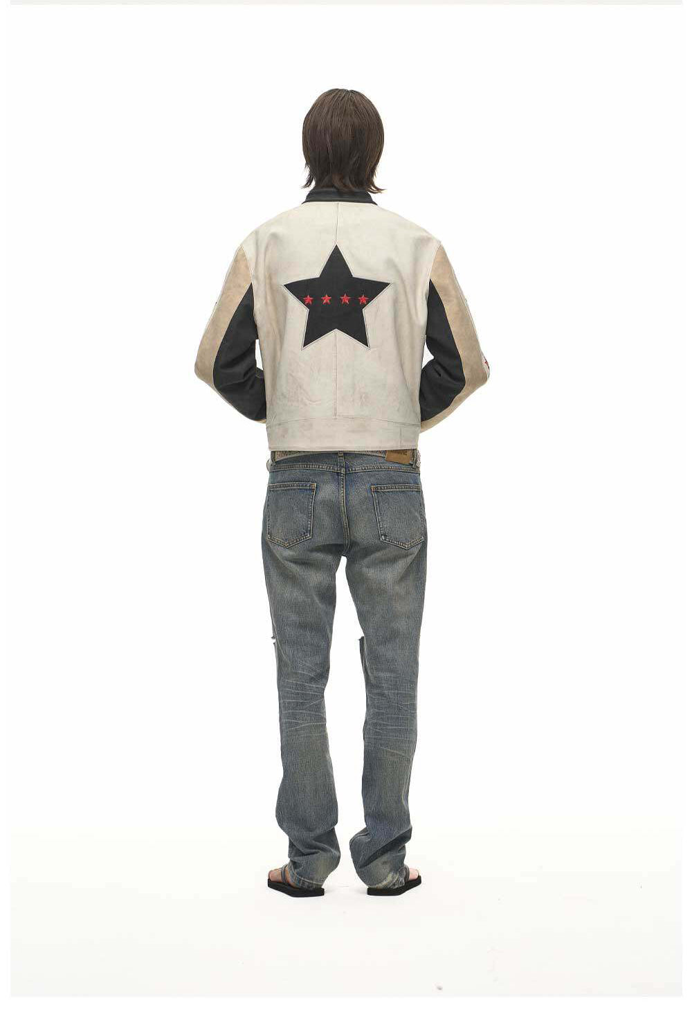 Color-Block Star Motorcycle Leather Jacket