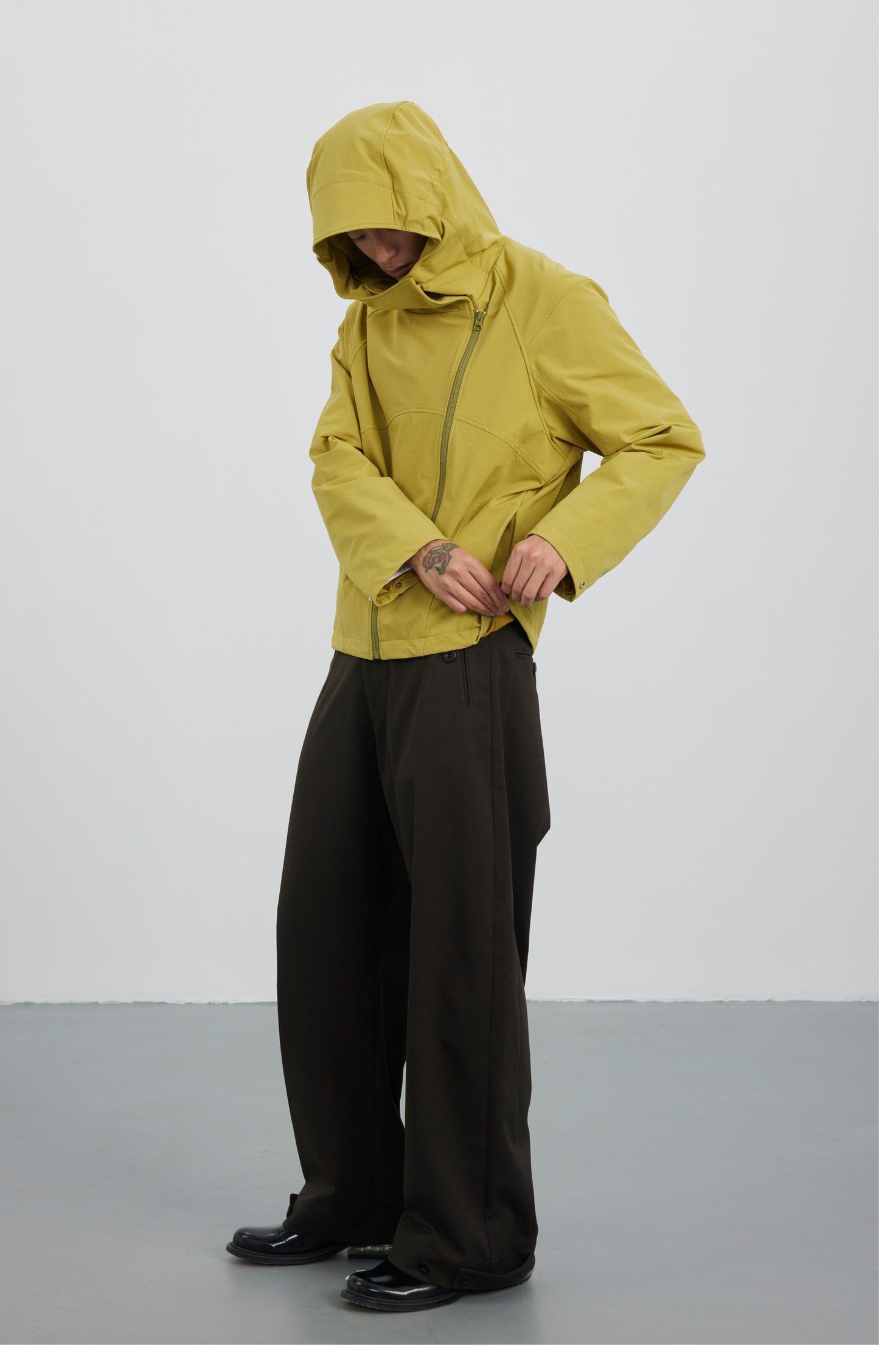 Diagonal Placket High Collar Hooded Jacket