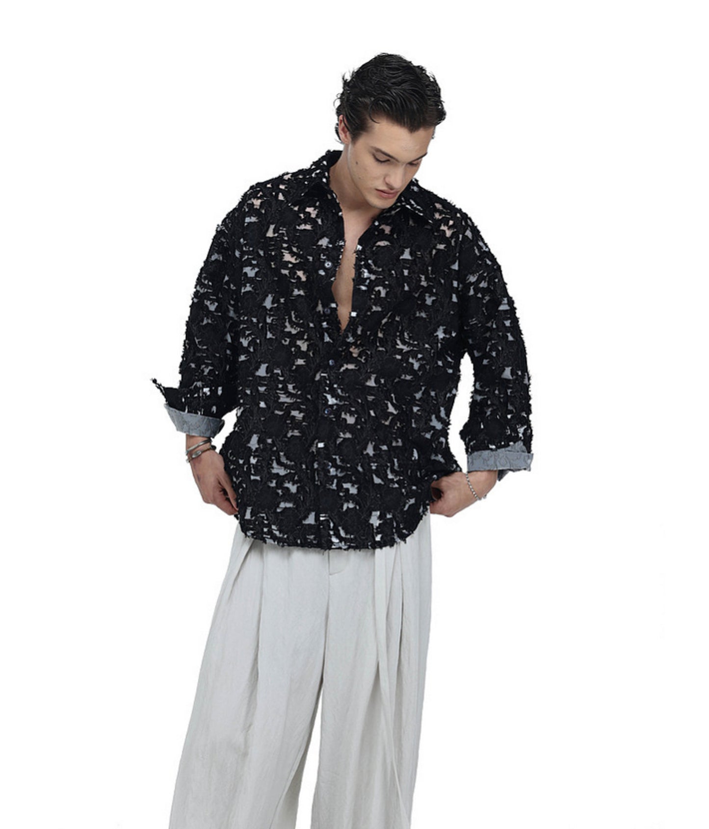 Frayed Edges  Hollow-Weave  Jacquard  Shirt