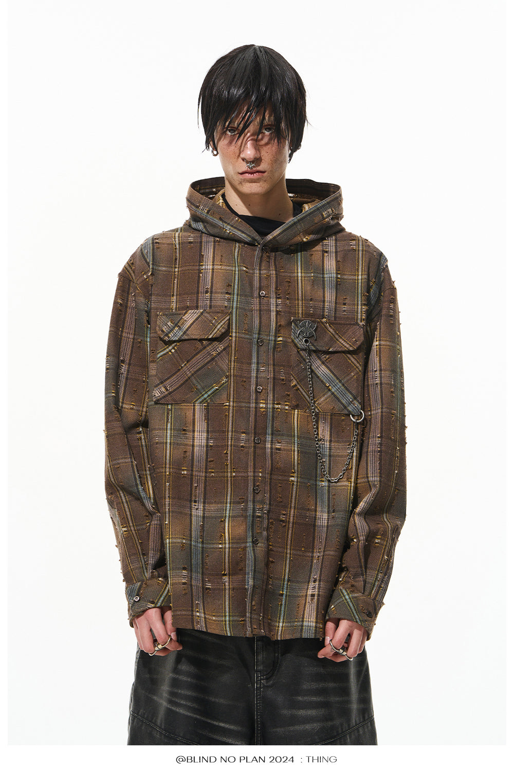 Gradient Damaged Checked Hooded Shirt