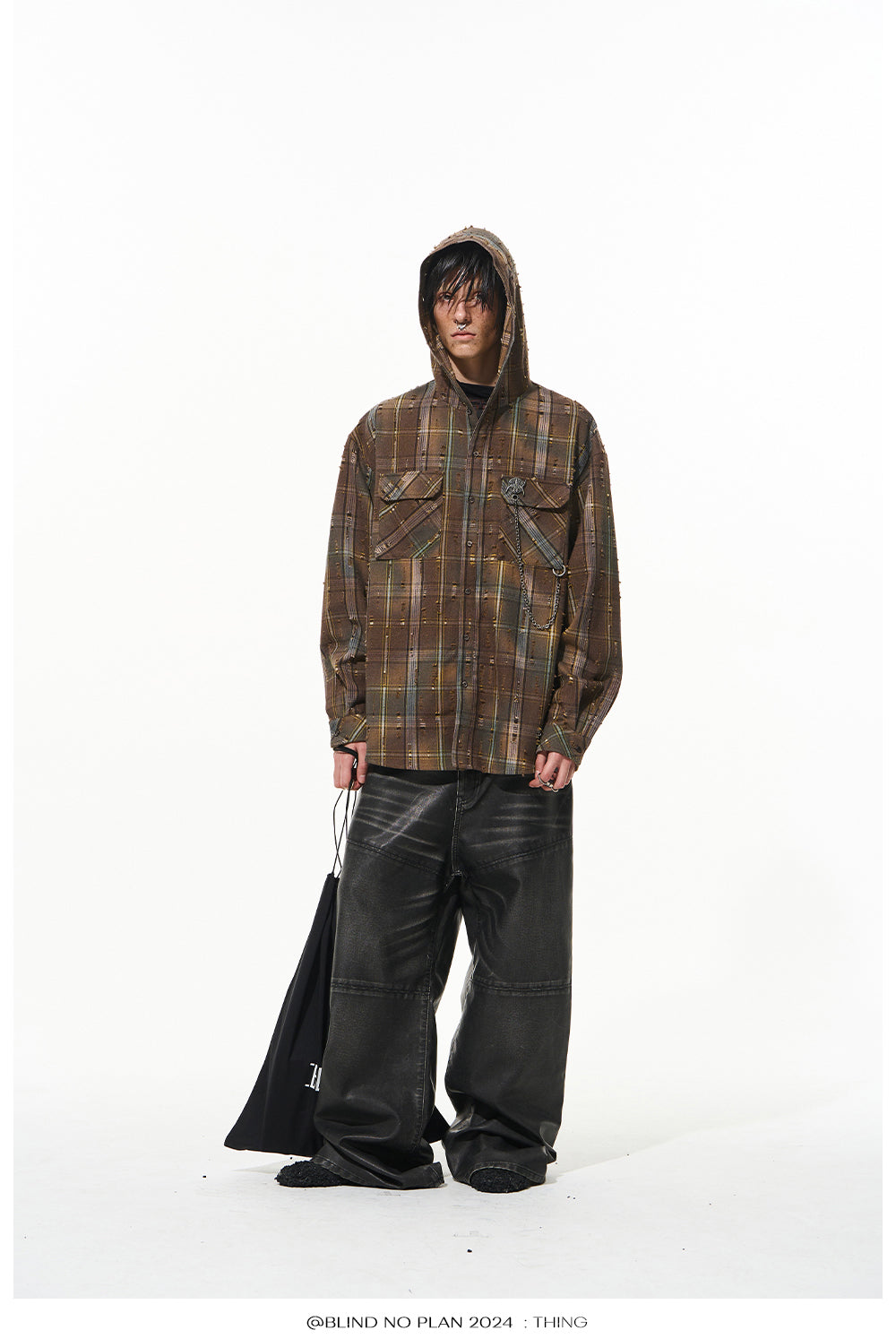 Gradient Damaged Checked Hooded Shirt