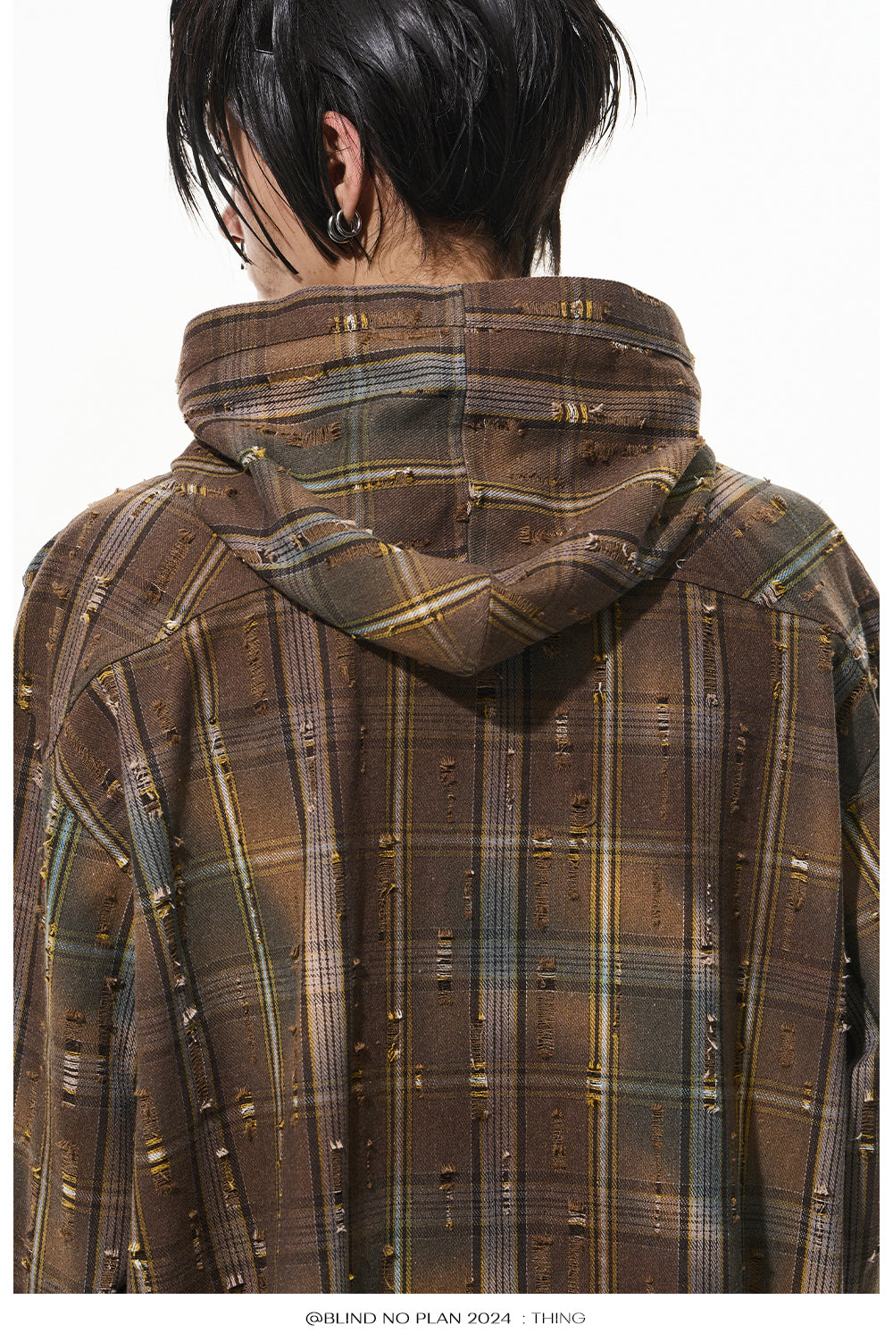 Gradient Damaged Checked Hooded Shirt