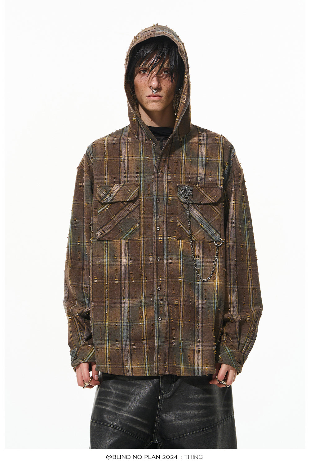 Gradient Damaged Checked Hooded Shirt