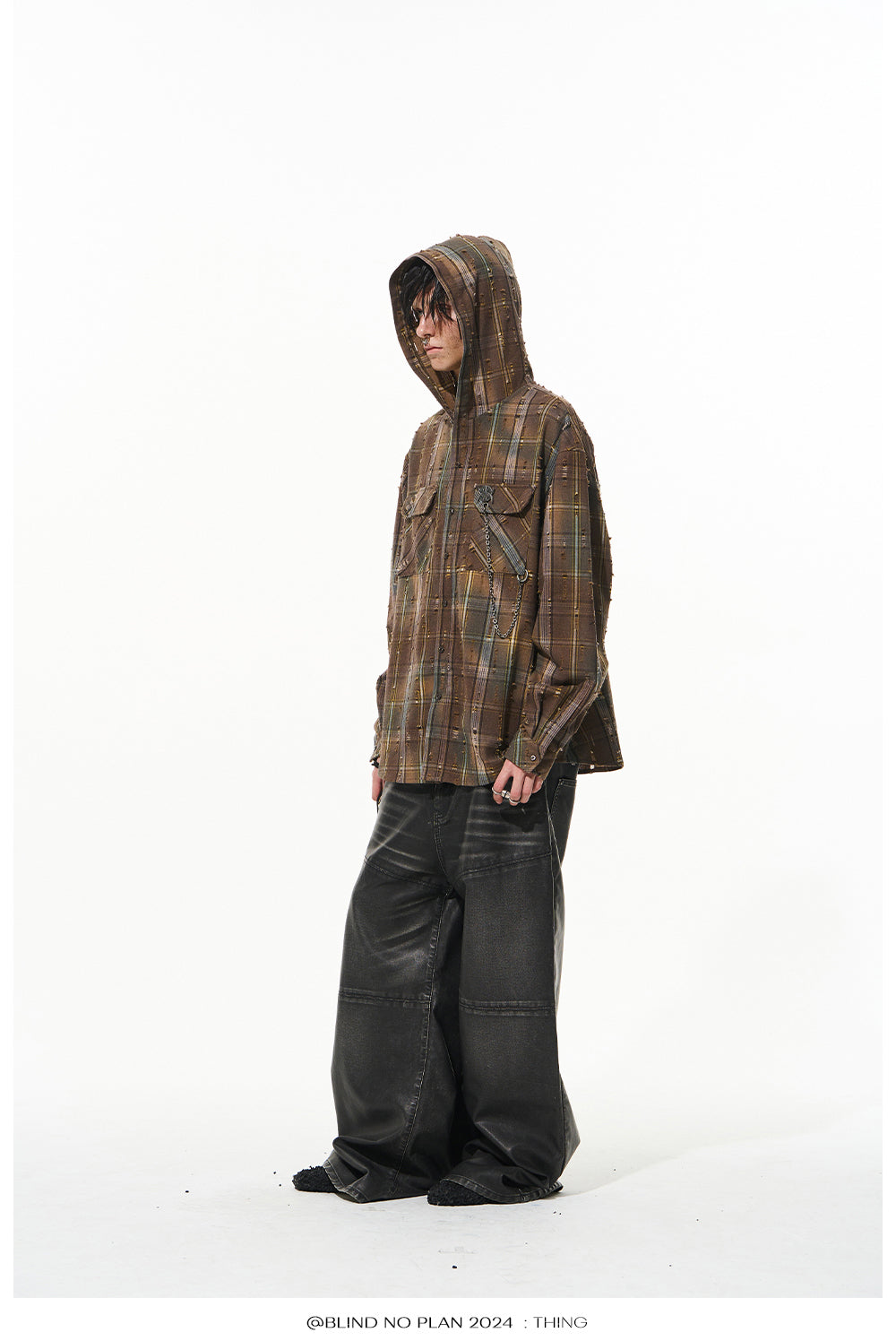 Gradient Damaged Checked Hooded Shirt