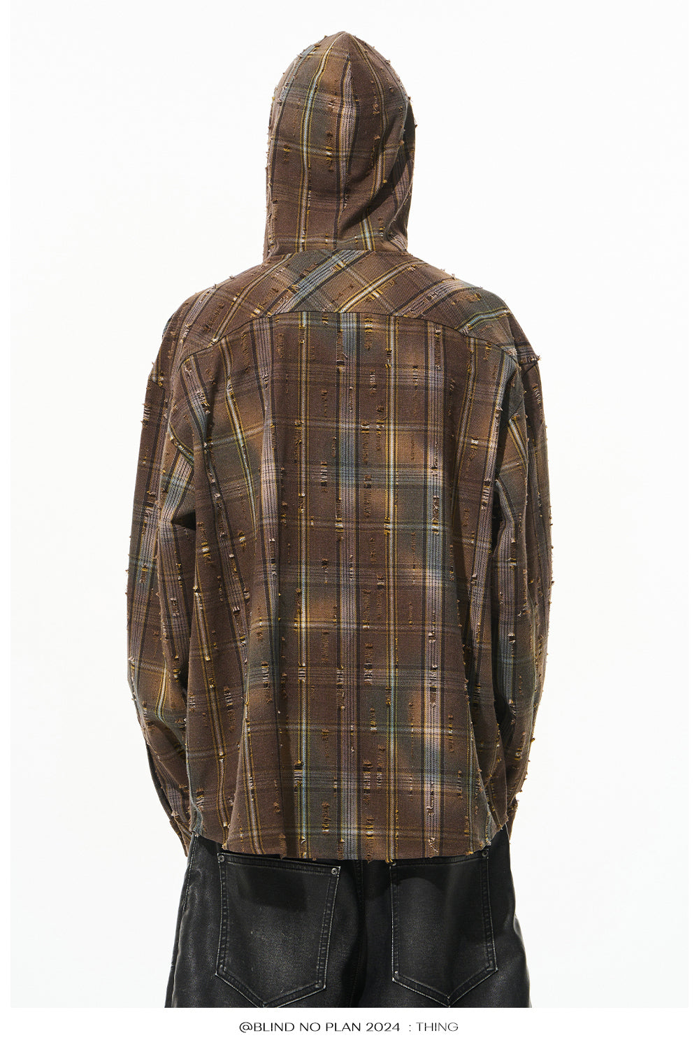 Gradient Damaged Checked Hooded Shirt