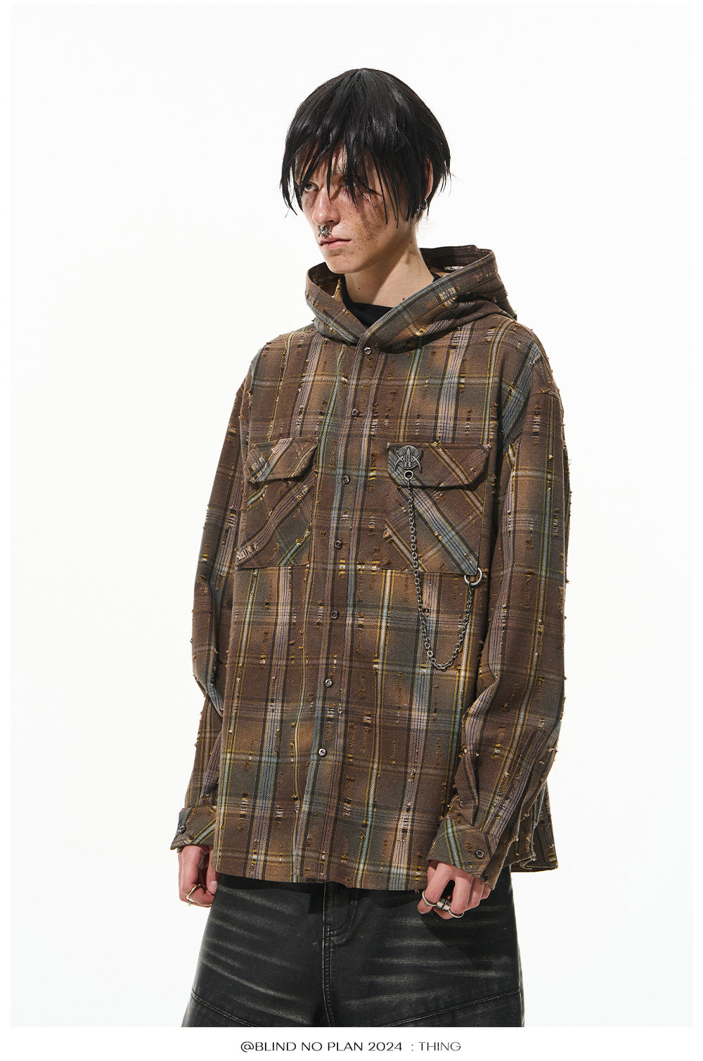 Gradient Damaged Checked Hooded Shirt