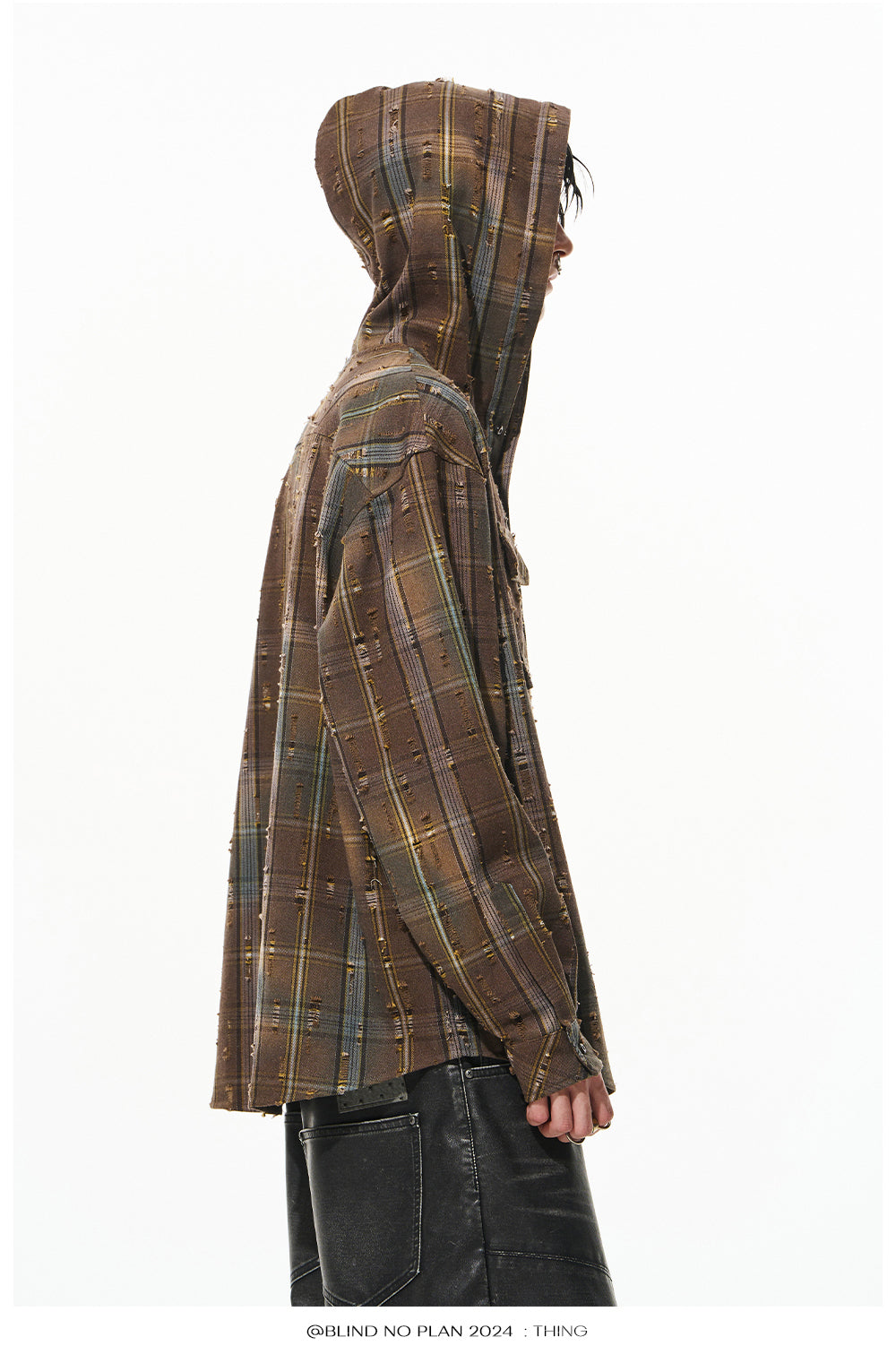 Gradient Damaged Checked Hooded Shirt