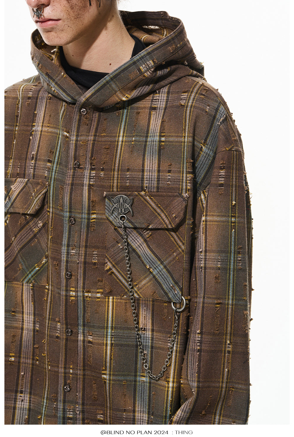 Gradient Damaged Checked Hooded Shirt