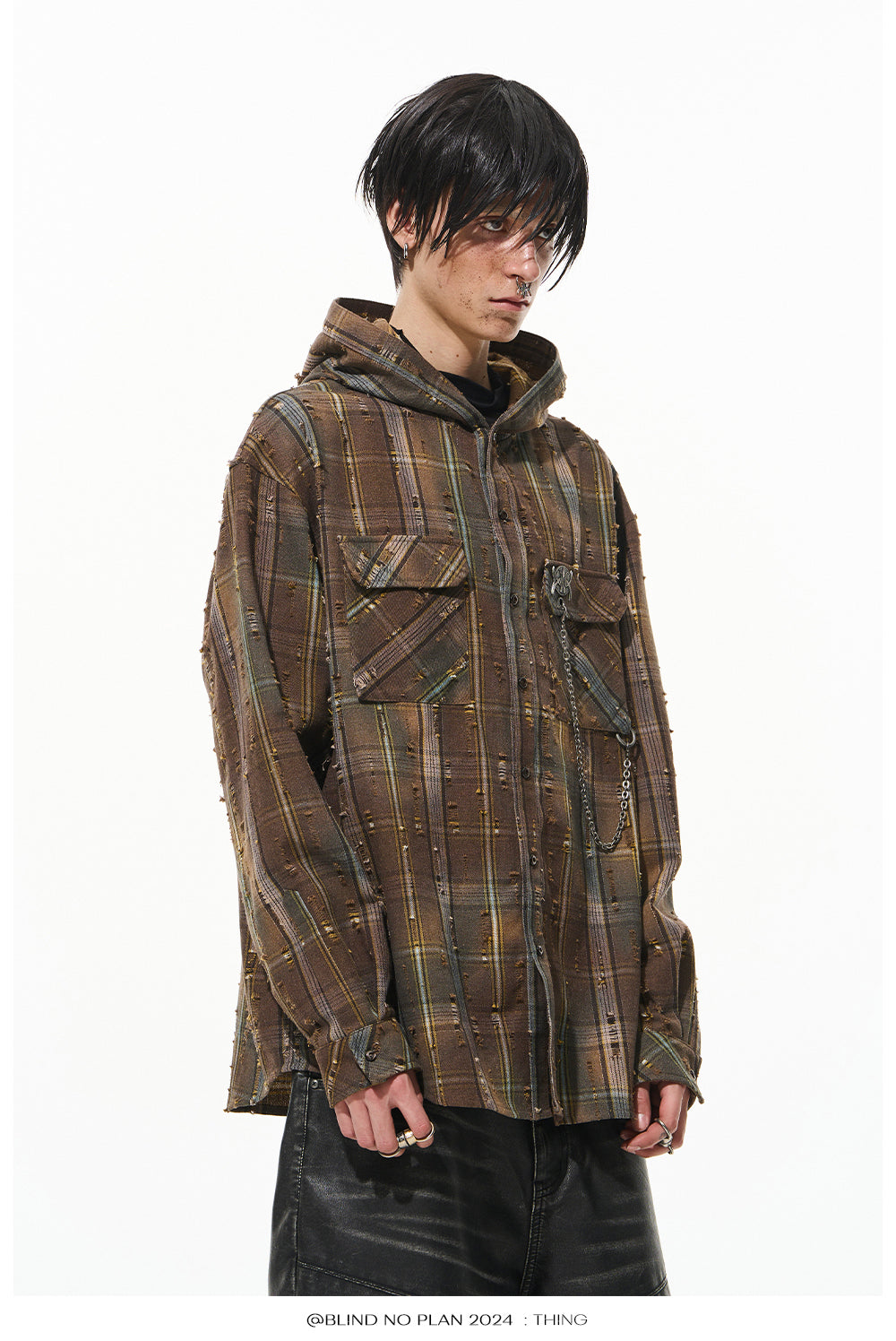 Gradient Damaged Checked Hooded Shirt