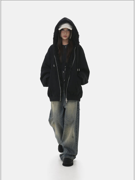 Fleece-Lined Casual Zipper Sweatshirt