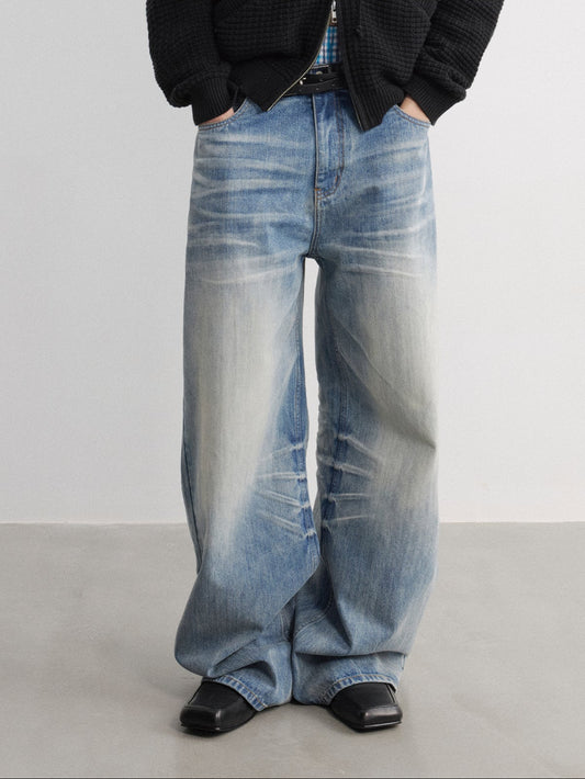 Wash-processed wide-leg jeans