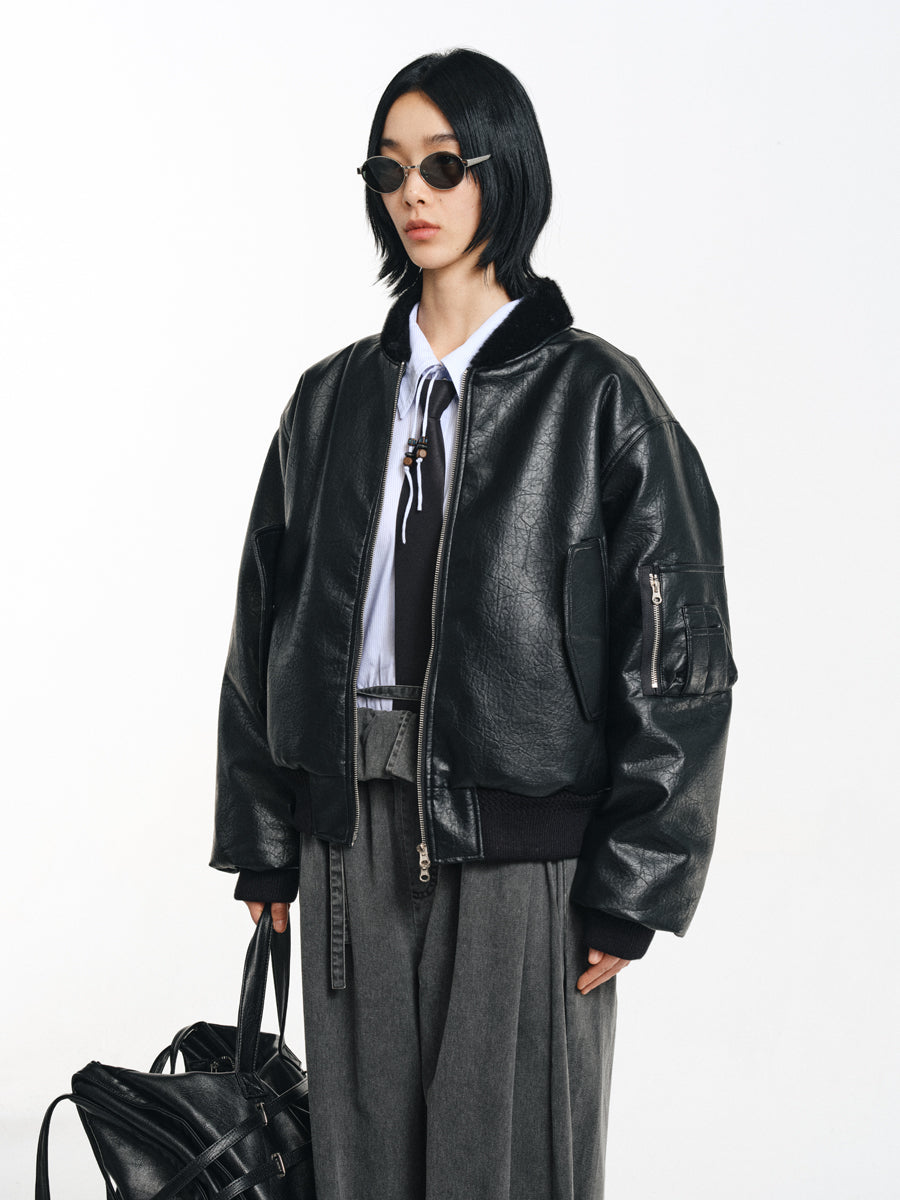 Stand collar faux leather jacket