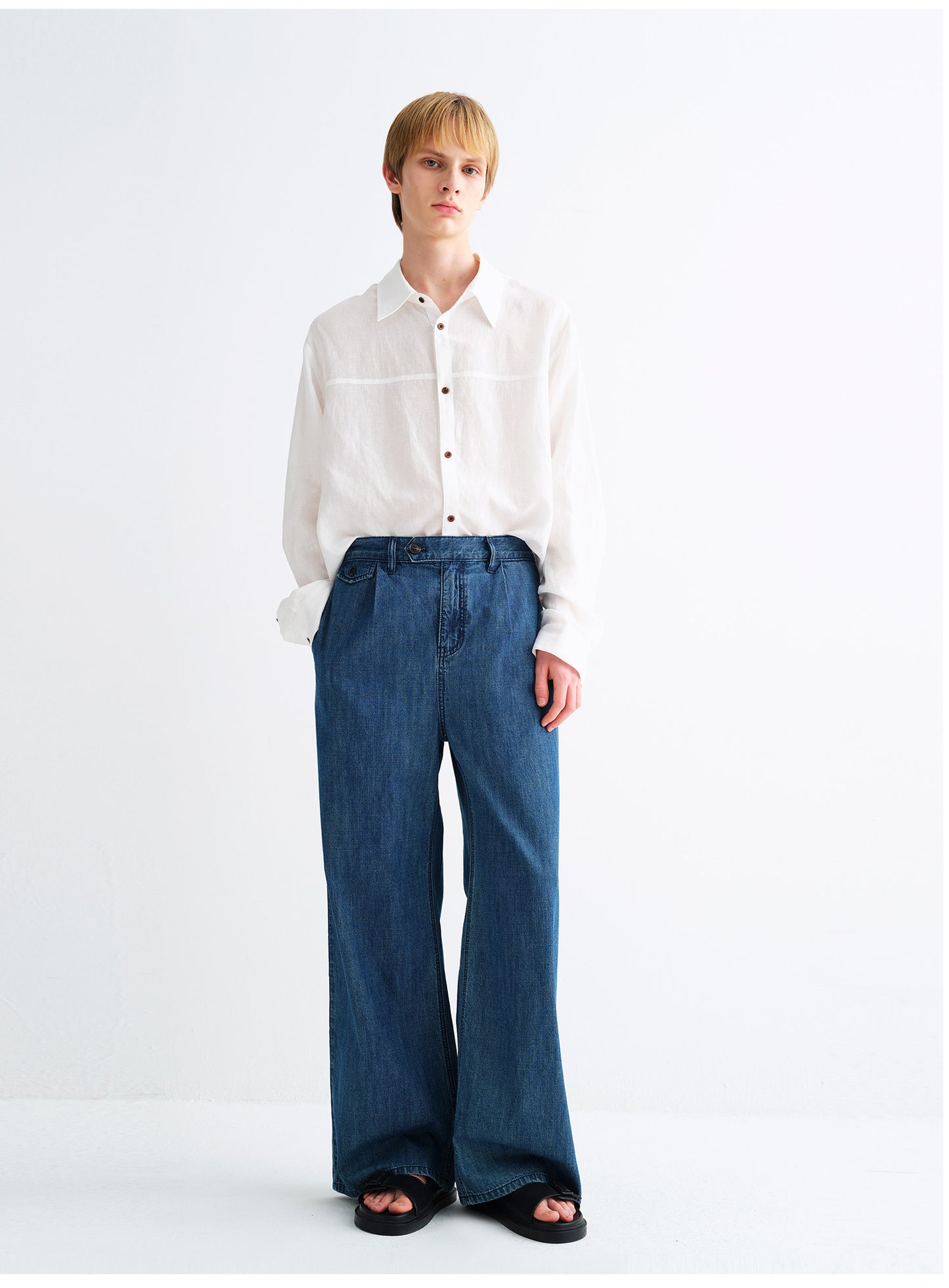 Wash-Finish Wide-Leg Denim Pants
