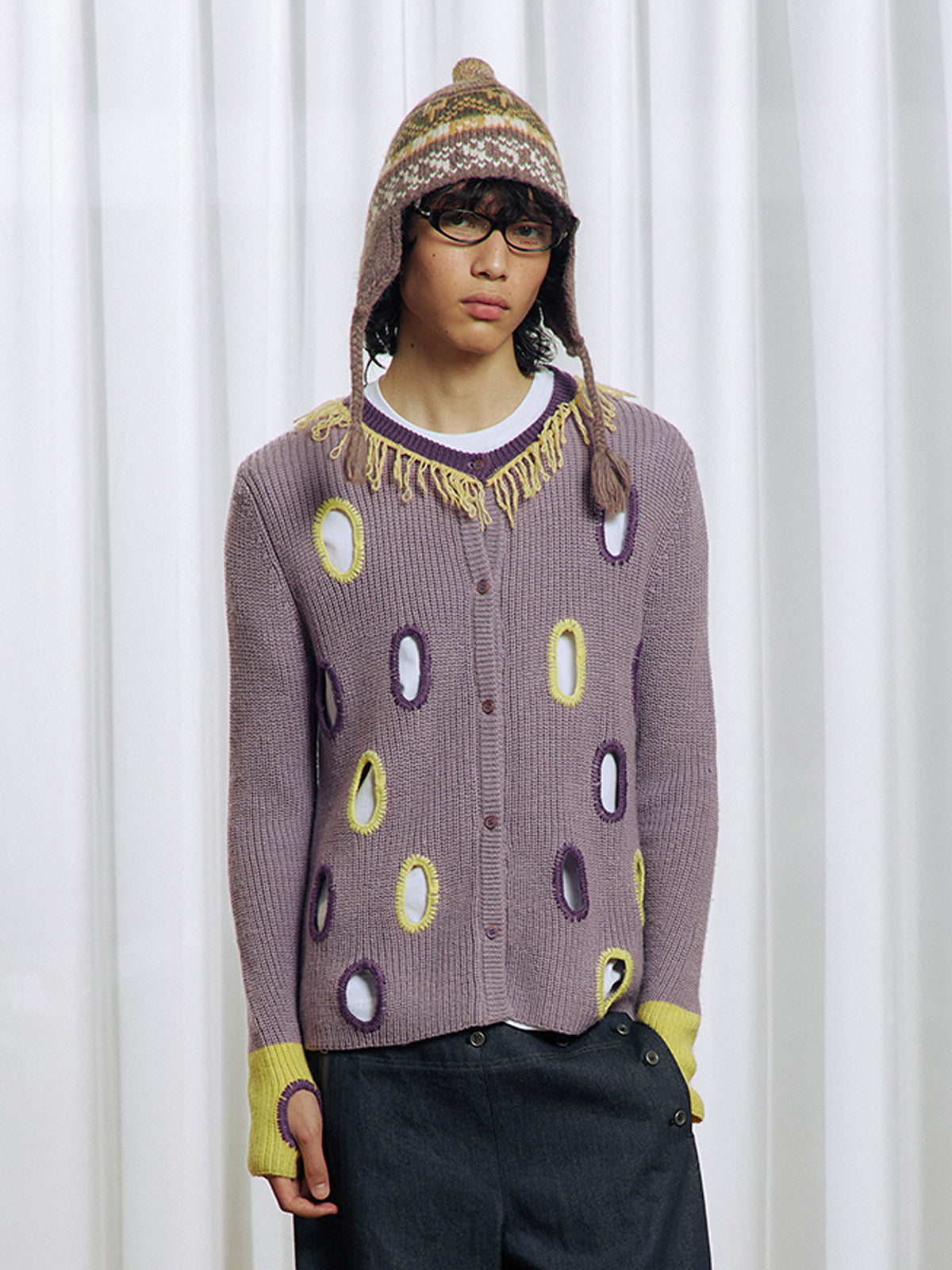 Hollowed-out wool blend cardigan
