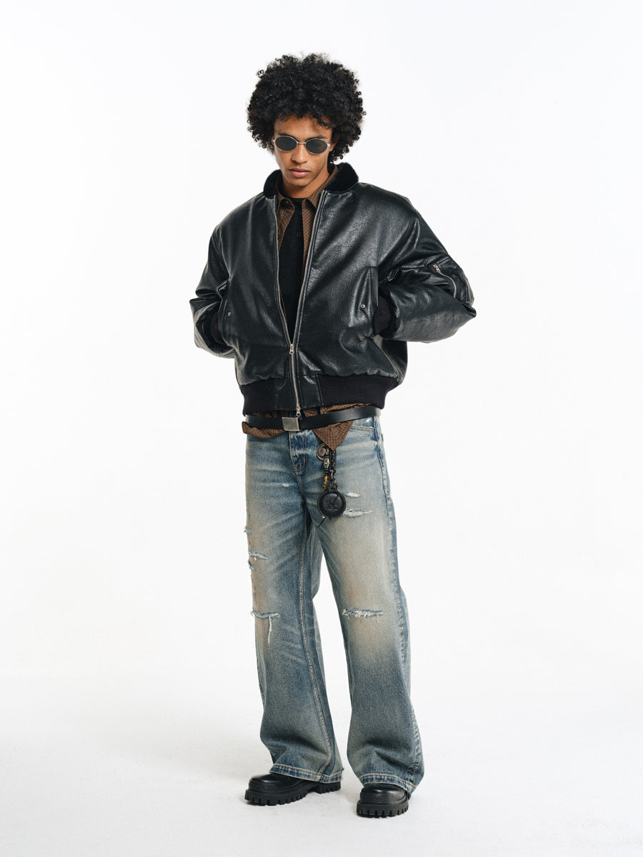 Stand collar faux leather jacket