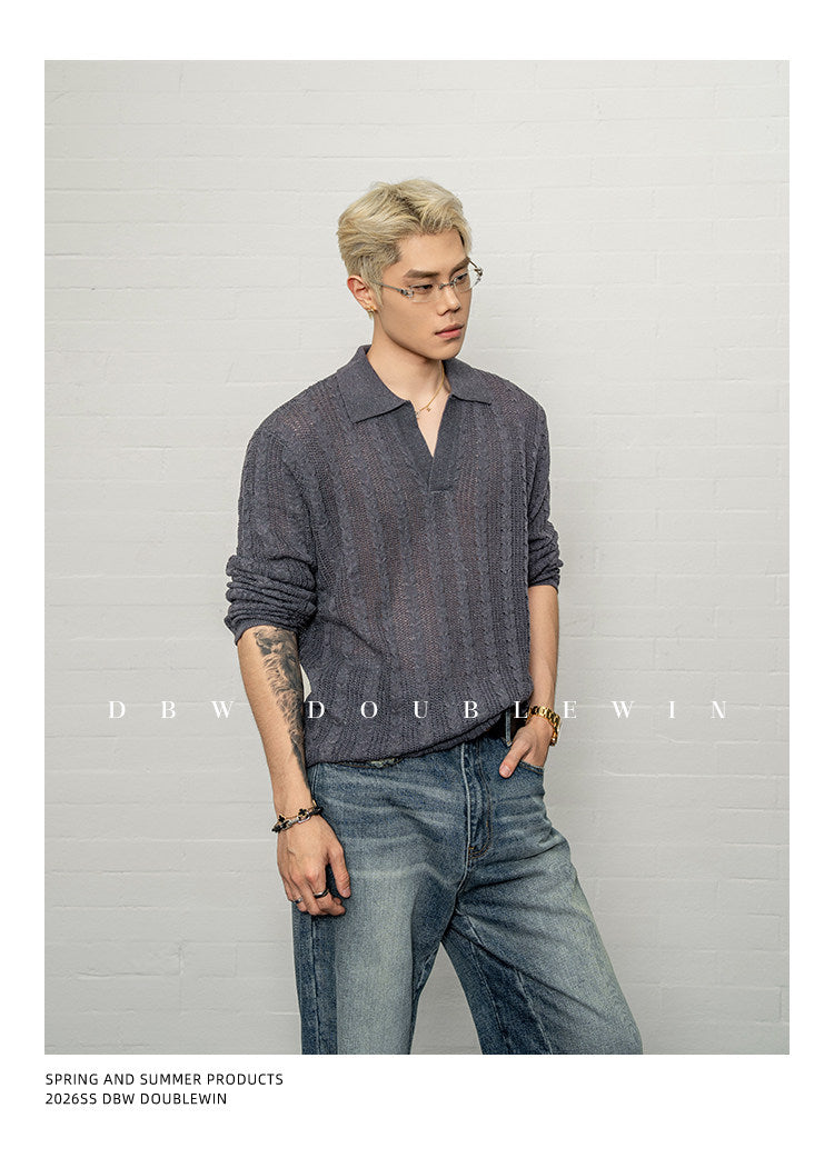 V-neck lapel knit sweater