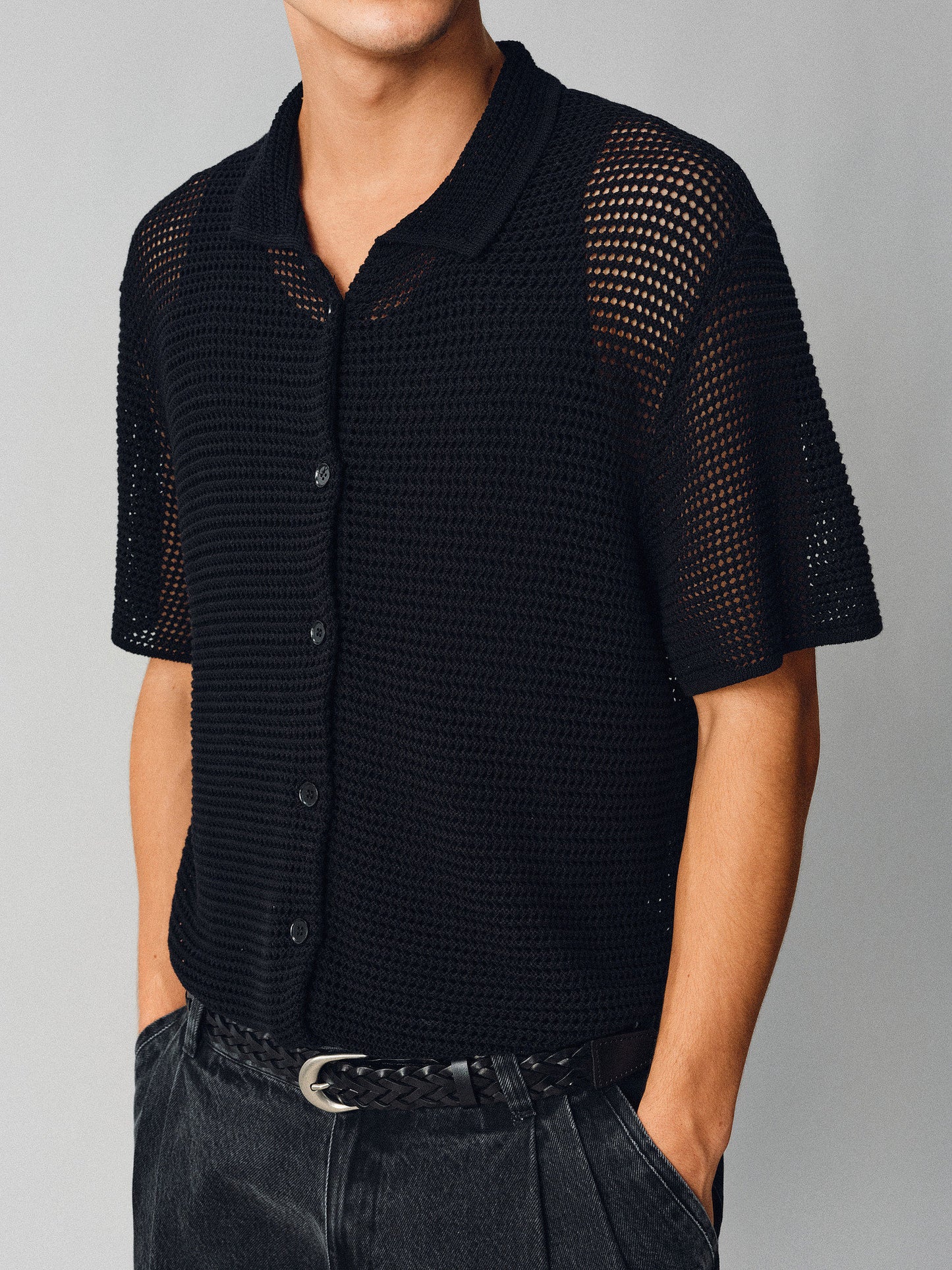 Hollow-knit Button-Down Shirt