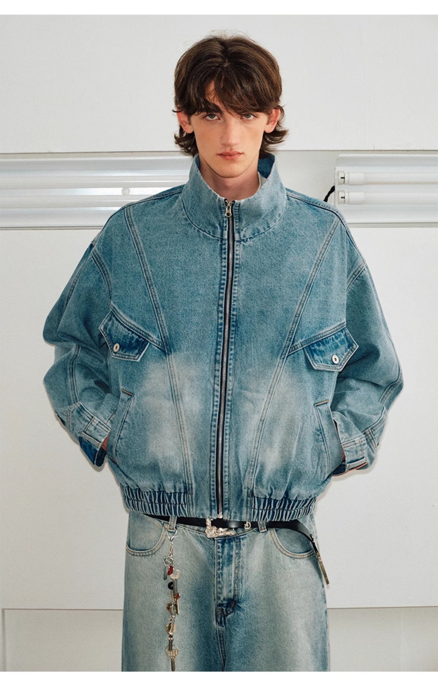 Washed Stand Collar Loose Denim Jacket