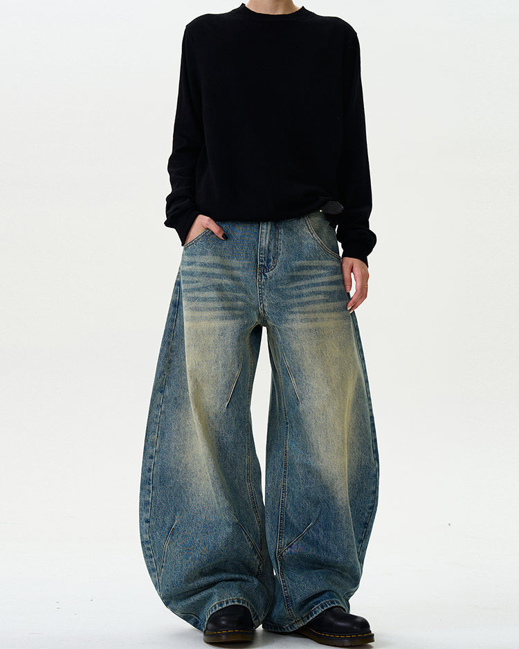 Retro three-dimensional cut-wash scimitar jeans