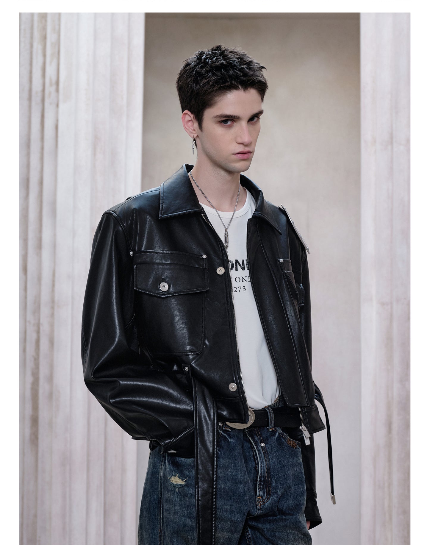 Metal Shoulder Leather Jacket