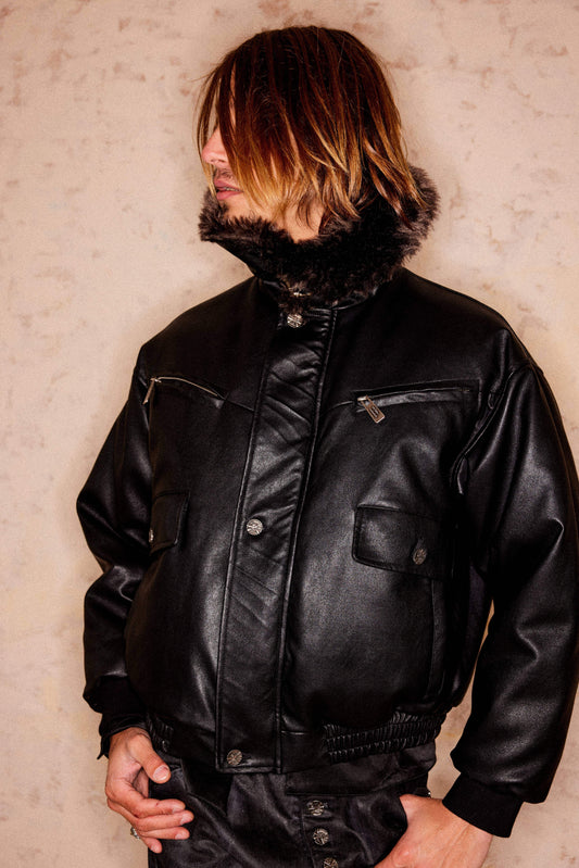 Heavyweight Leather Jacket with Multiple Pockets