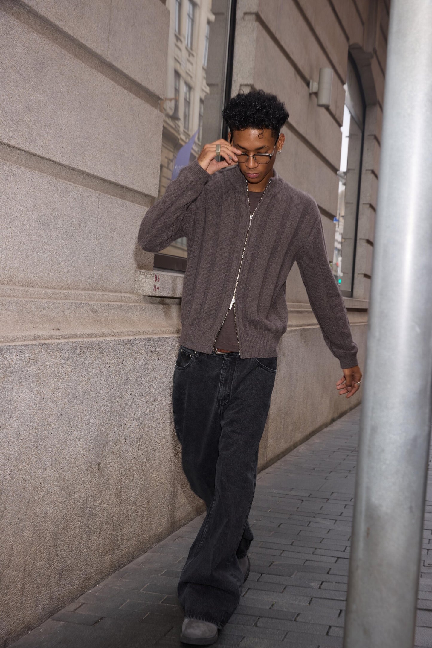 Dark-Striped Jacquard Knit Cardigan