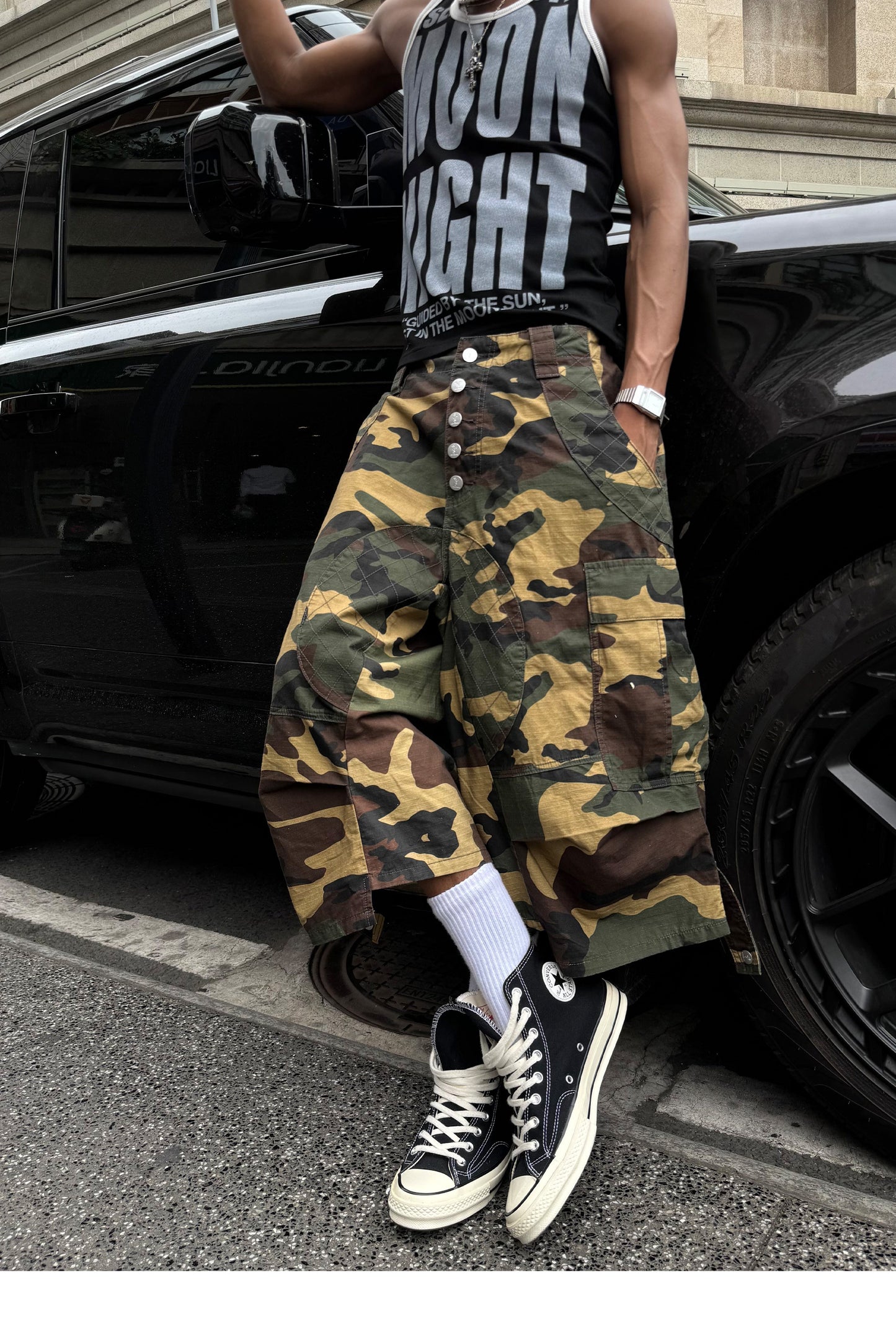Camouflage-Patterned Workwear Quilted Shorts