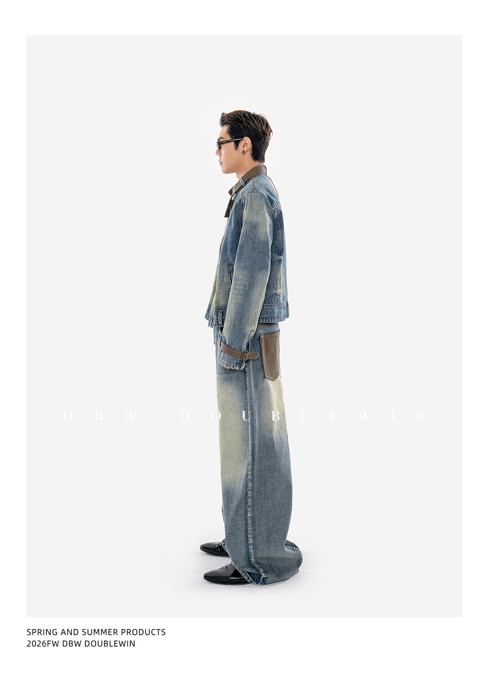 Vintage-Washed Padded-Shoulder Denim Jacket Set