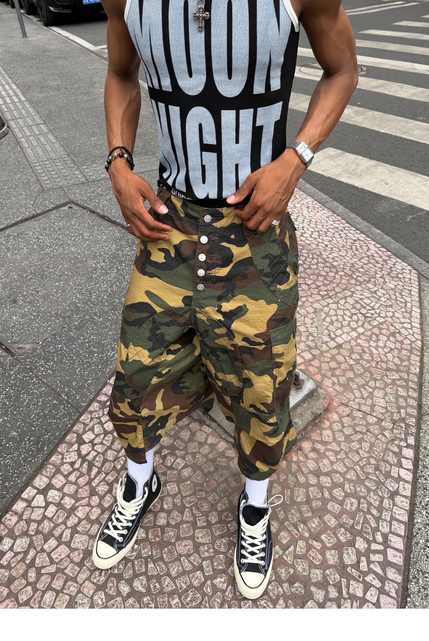 Camouflage-Patterned Workwear Quilted Shorts