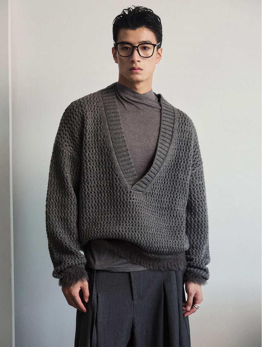 Openwork V-Neck Sweater