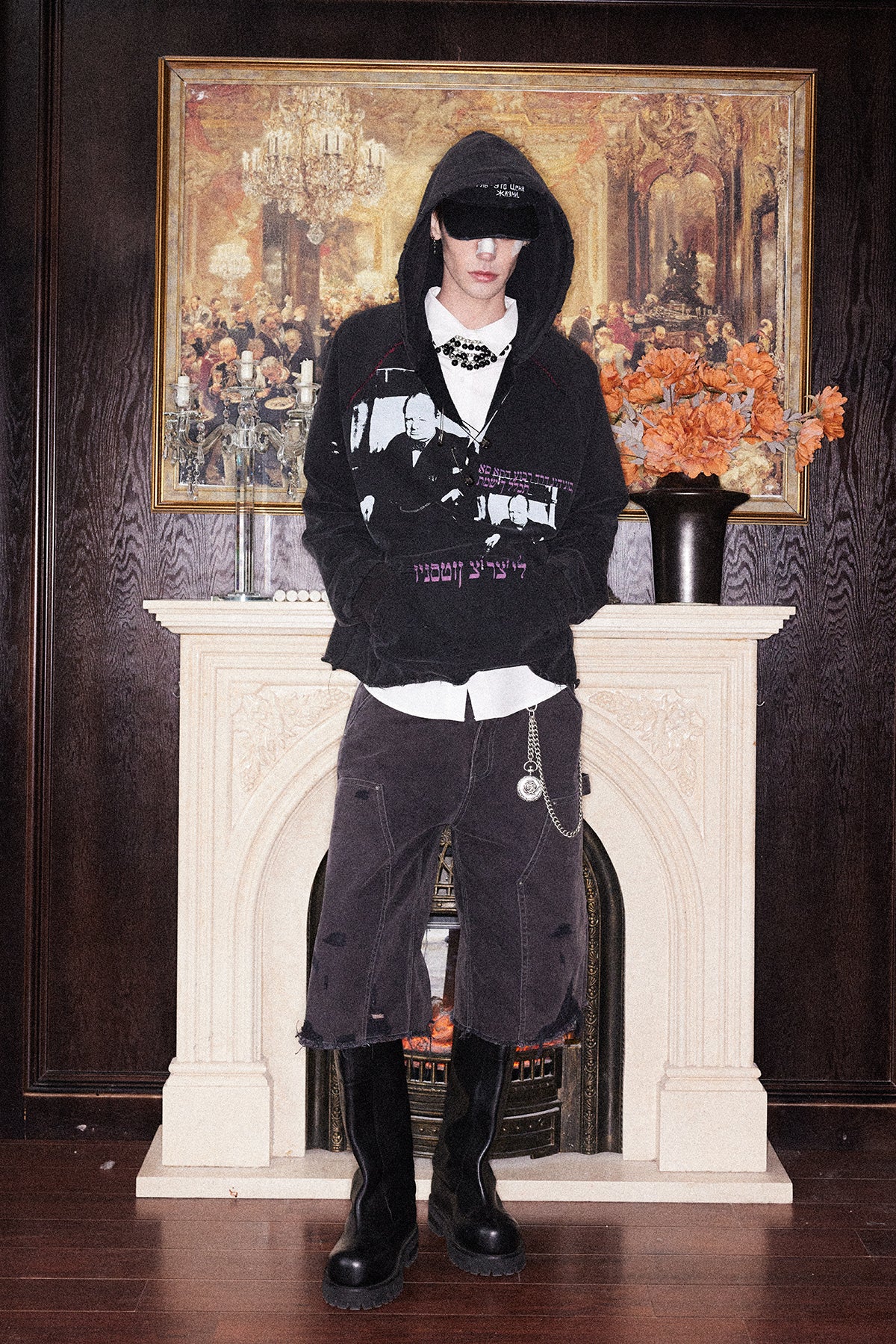 Printed Washed Damaged Hoodie