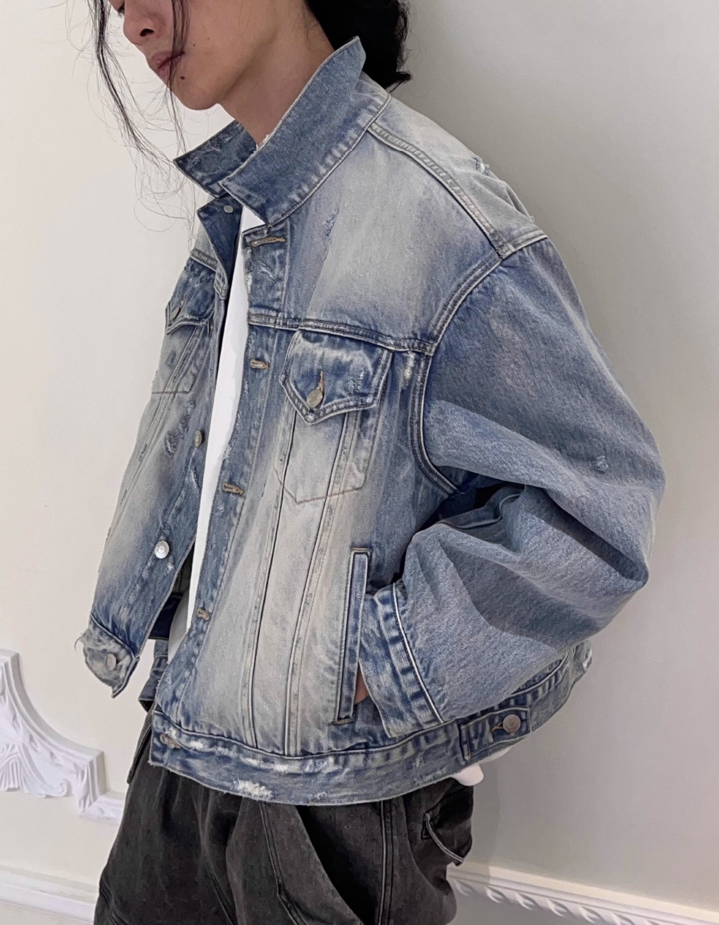 Washed Destroyed Short Denim Jacket