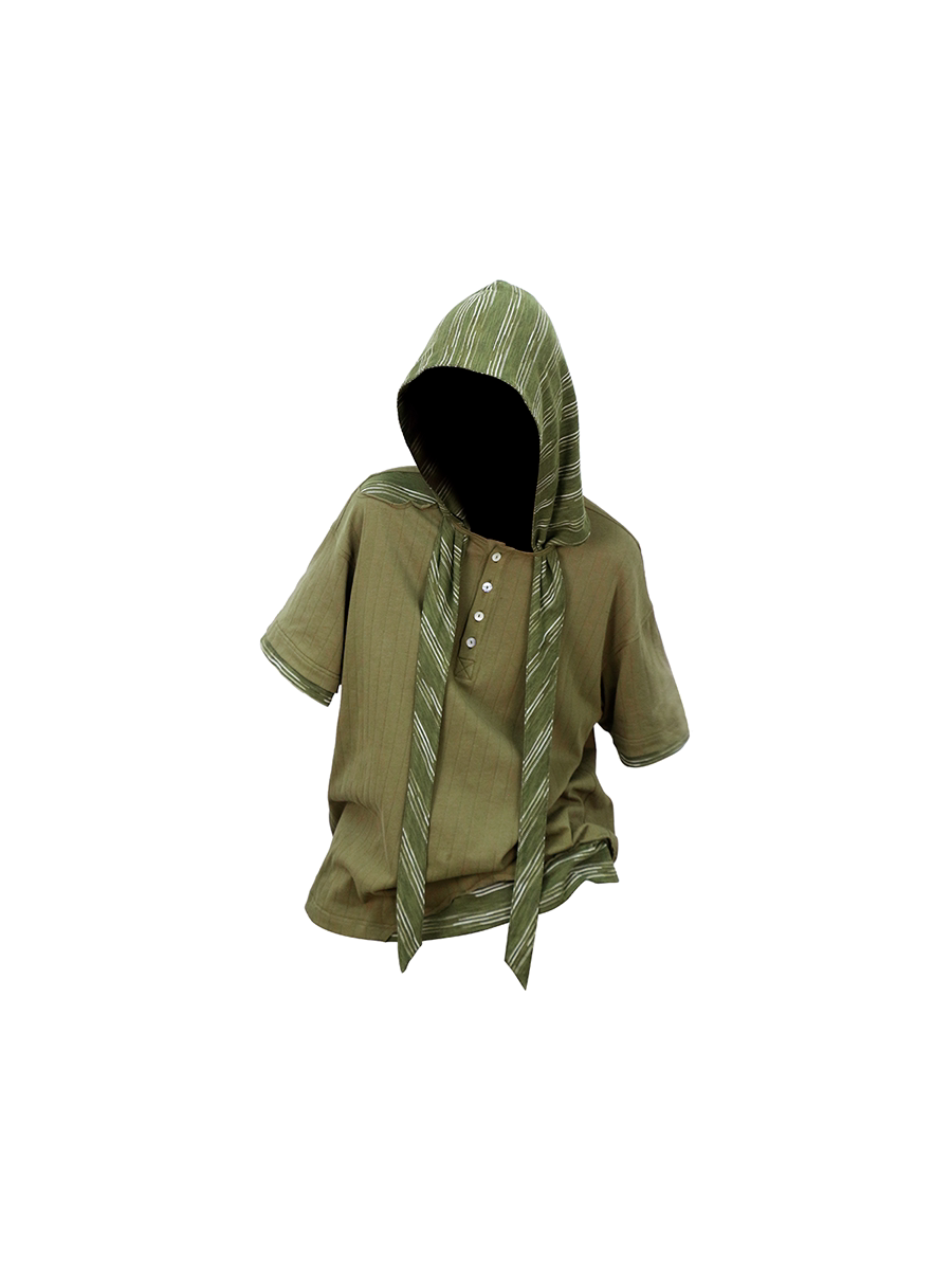 Hooded Henley-neck T-shirt