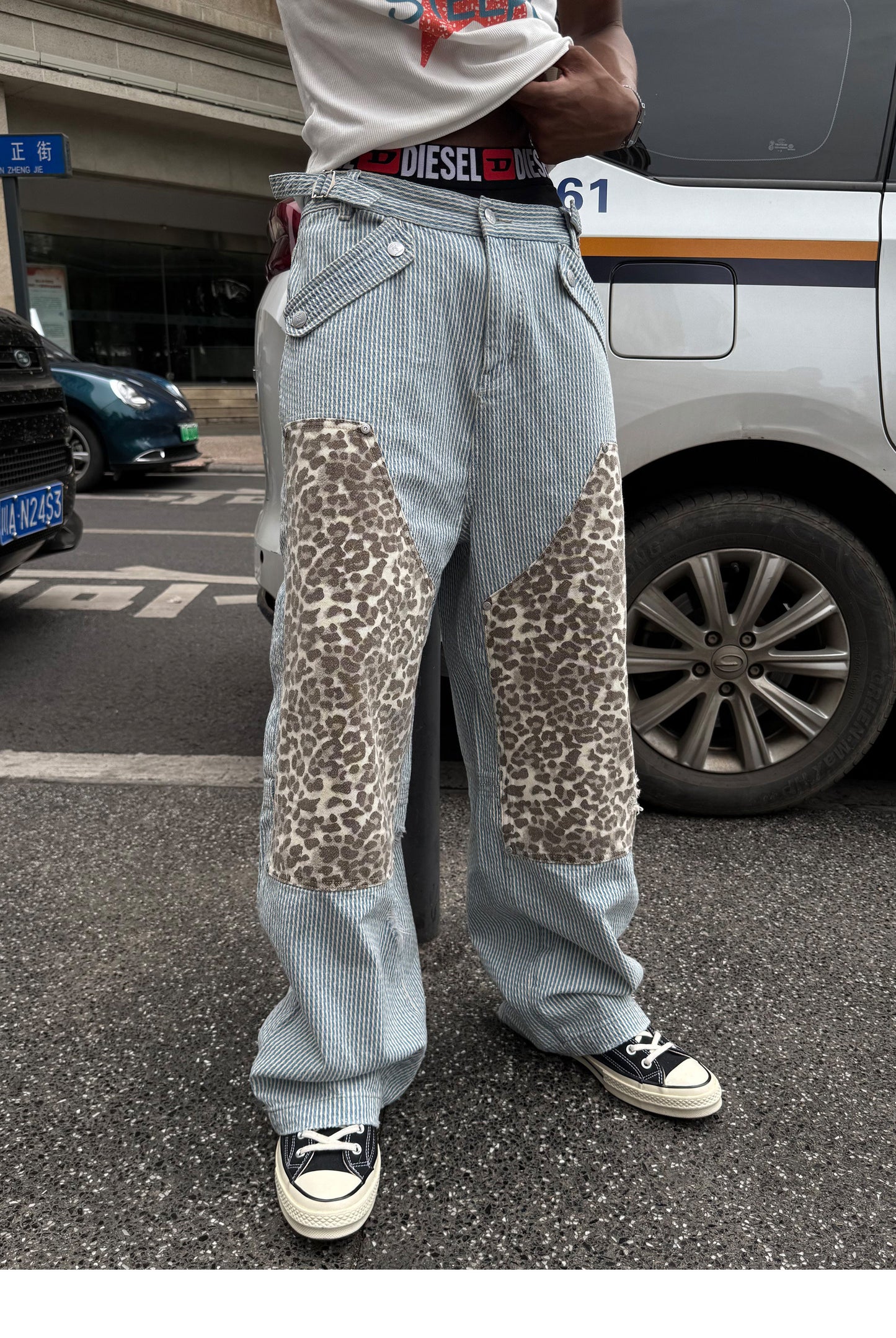 Leopard-Print Patchwork Denim Shorts