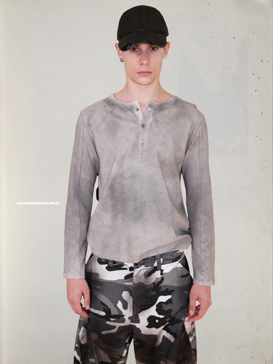 Henley-Collared Button-Down T-Shirt