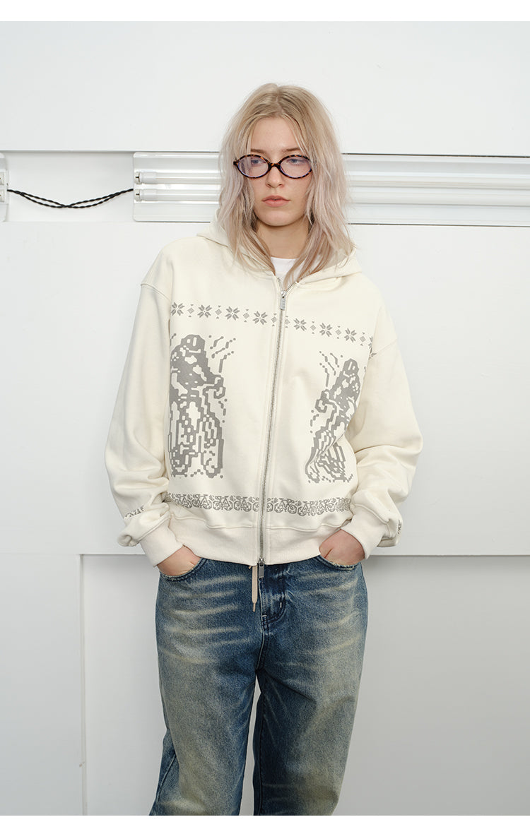 Printed Hooded Zipper Sweatshirt