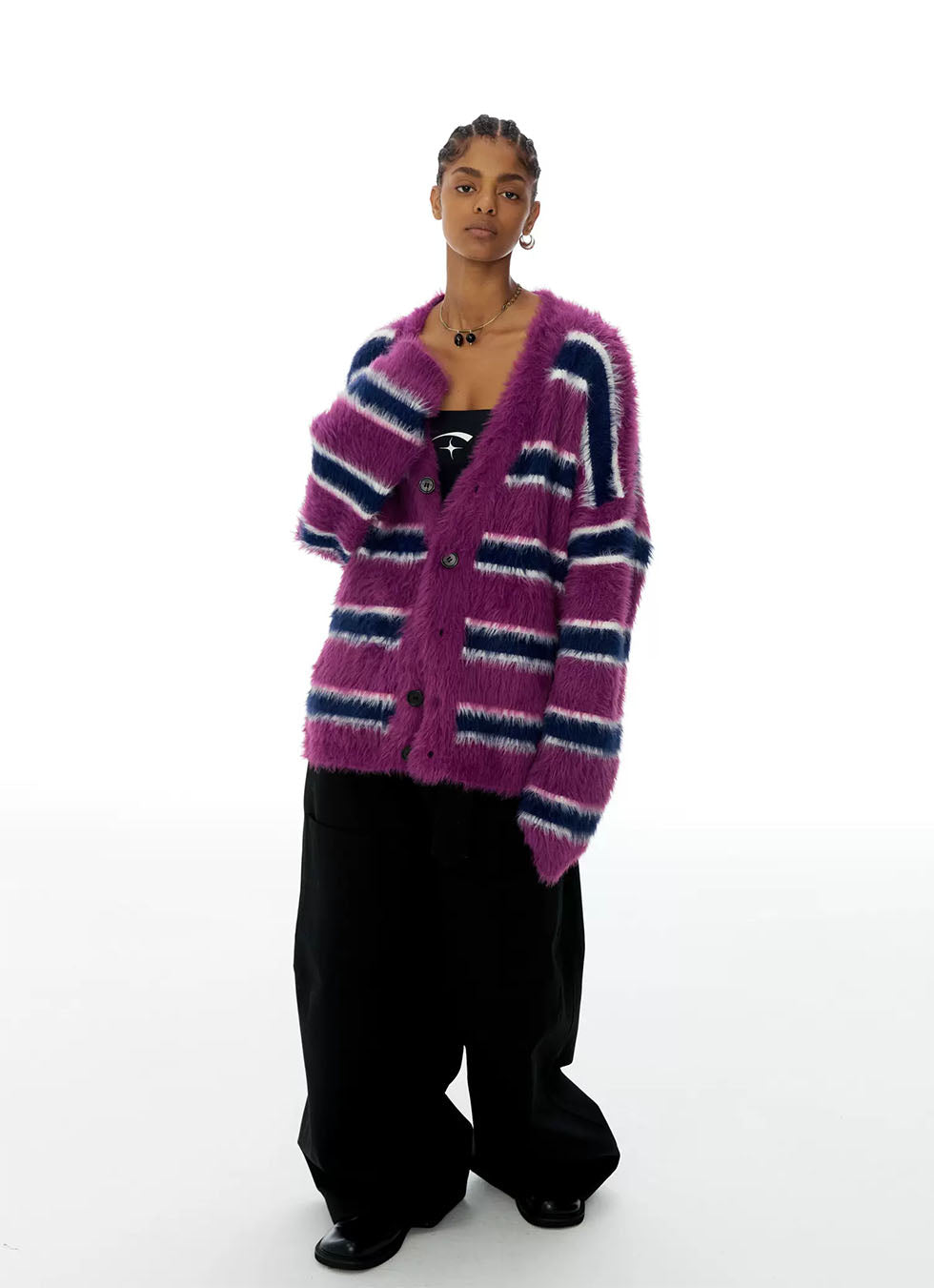 Imitation Mohair Stripe Contrast V-Neck Cardigan