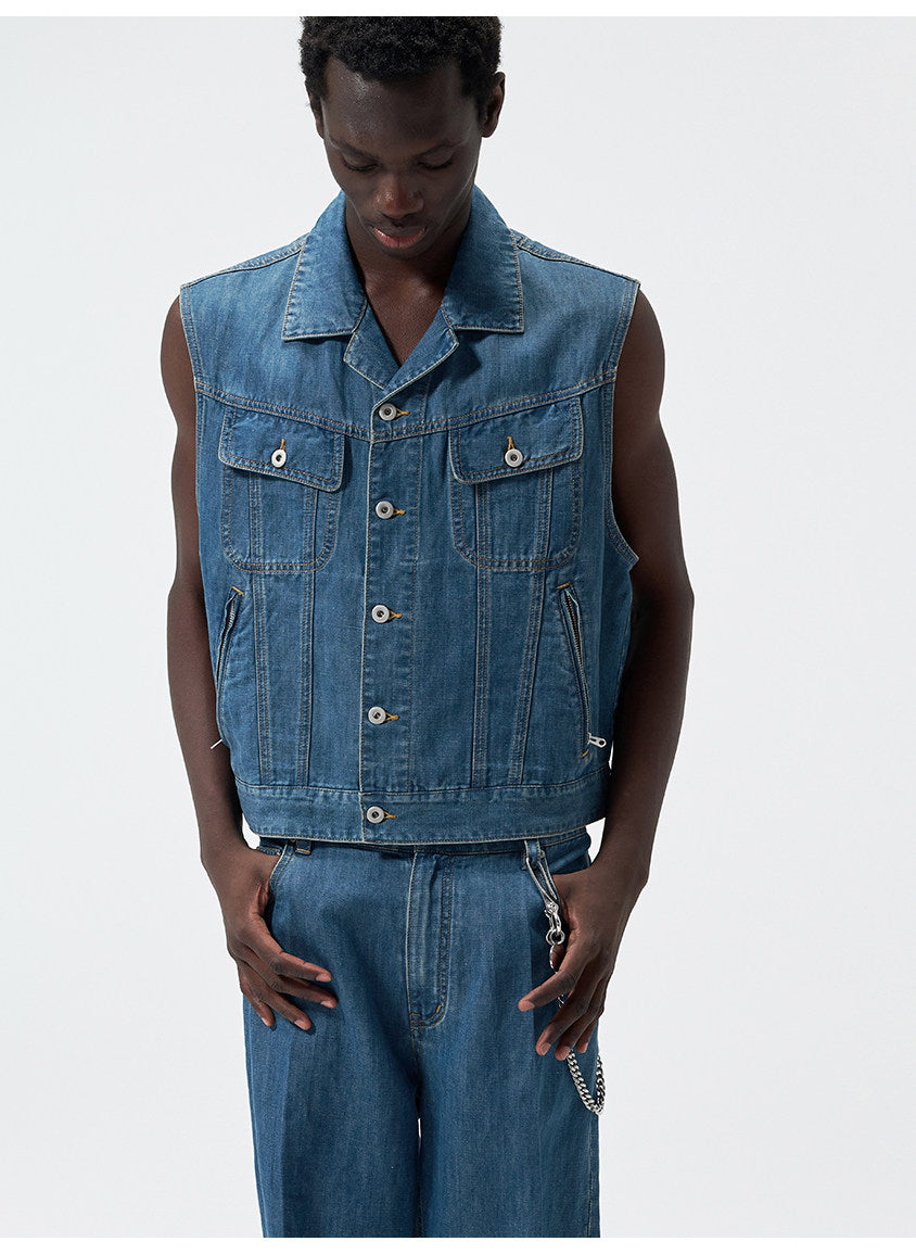 Cuban-Collar Short Denim Vest