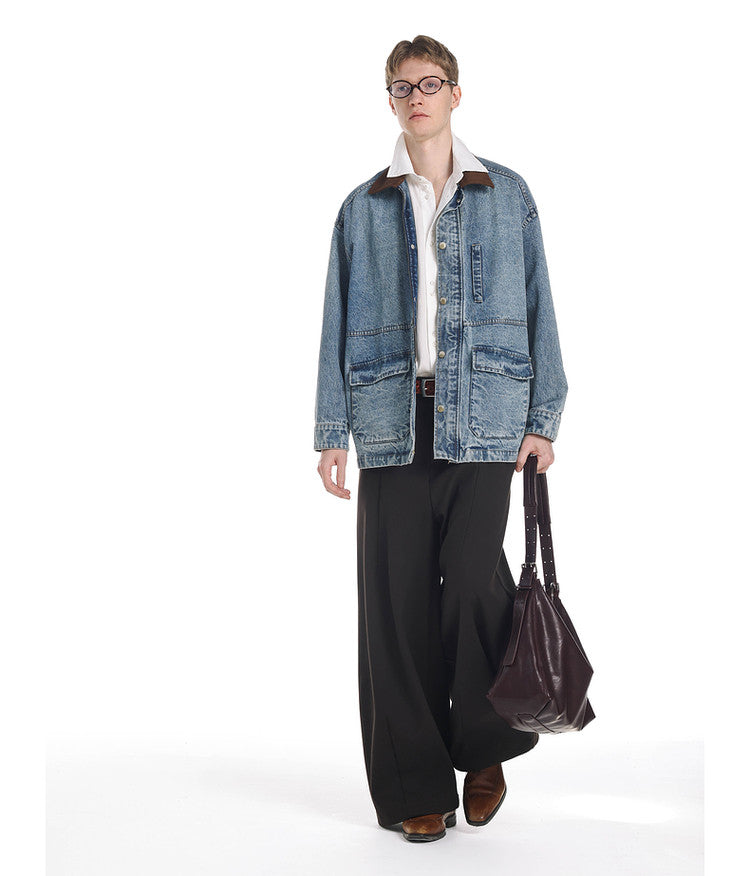 Vintage Denim Jacket with Washed Suede Collar