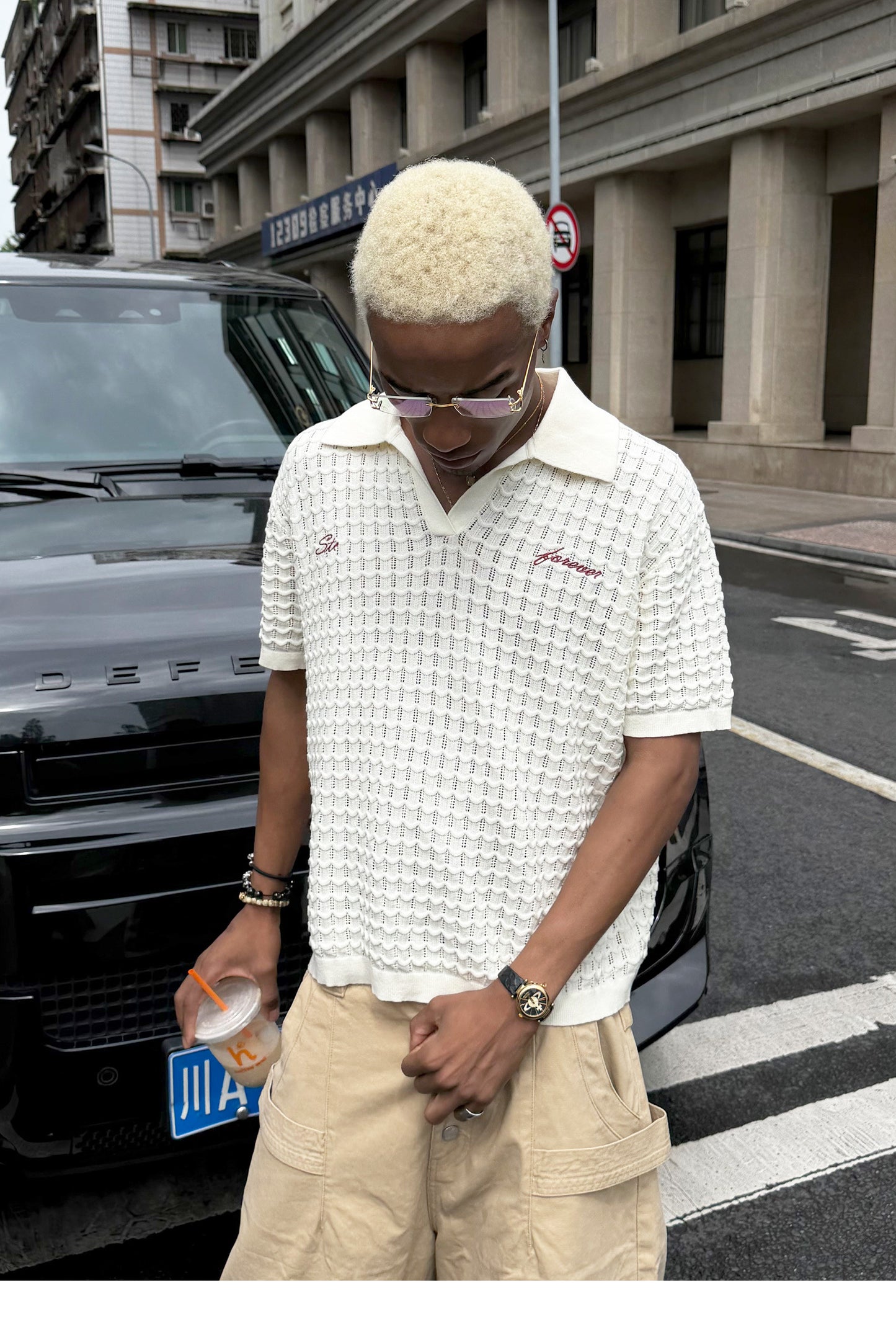 Embroidered Jacquard V-Neck Polo Shirt