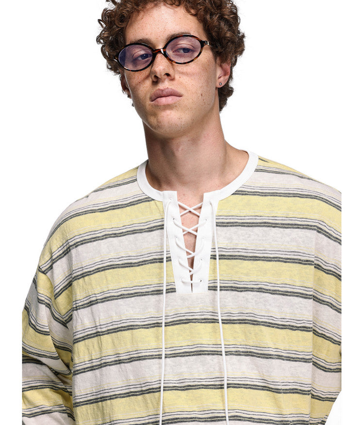 Drawstring Tie Henley Collar T-Shirt