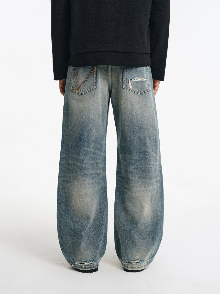 Hand Stitched Ripped Slim Straight Jeans